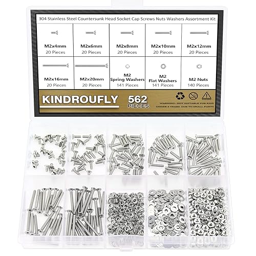 Kindroufly 562 piezas M2 x 46 810 1216 0787in cabeza avellanada tornillos tuercas arandelas kit surtido acero inoxidable 304 rosca totalmente a
