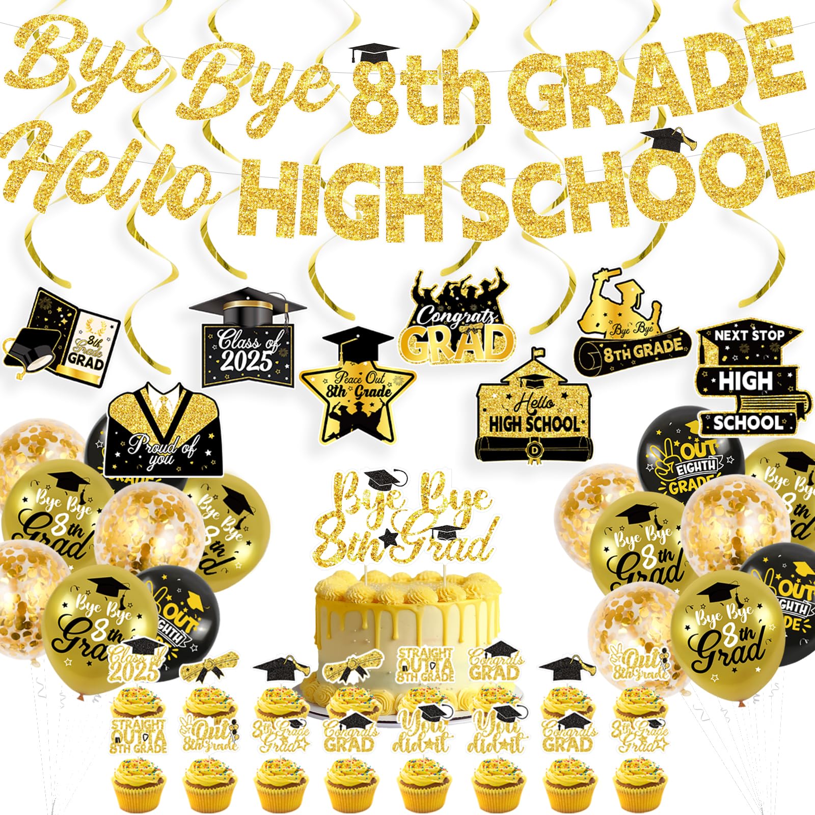 8TH Grade Graduation Decorations 2025 with Bye Bye 8th Grade Hello High School Banner, Cake Cupcake Toppers, Balloons, Hanging Swirls for Eighth Grade Graduation Party Supplies