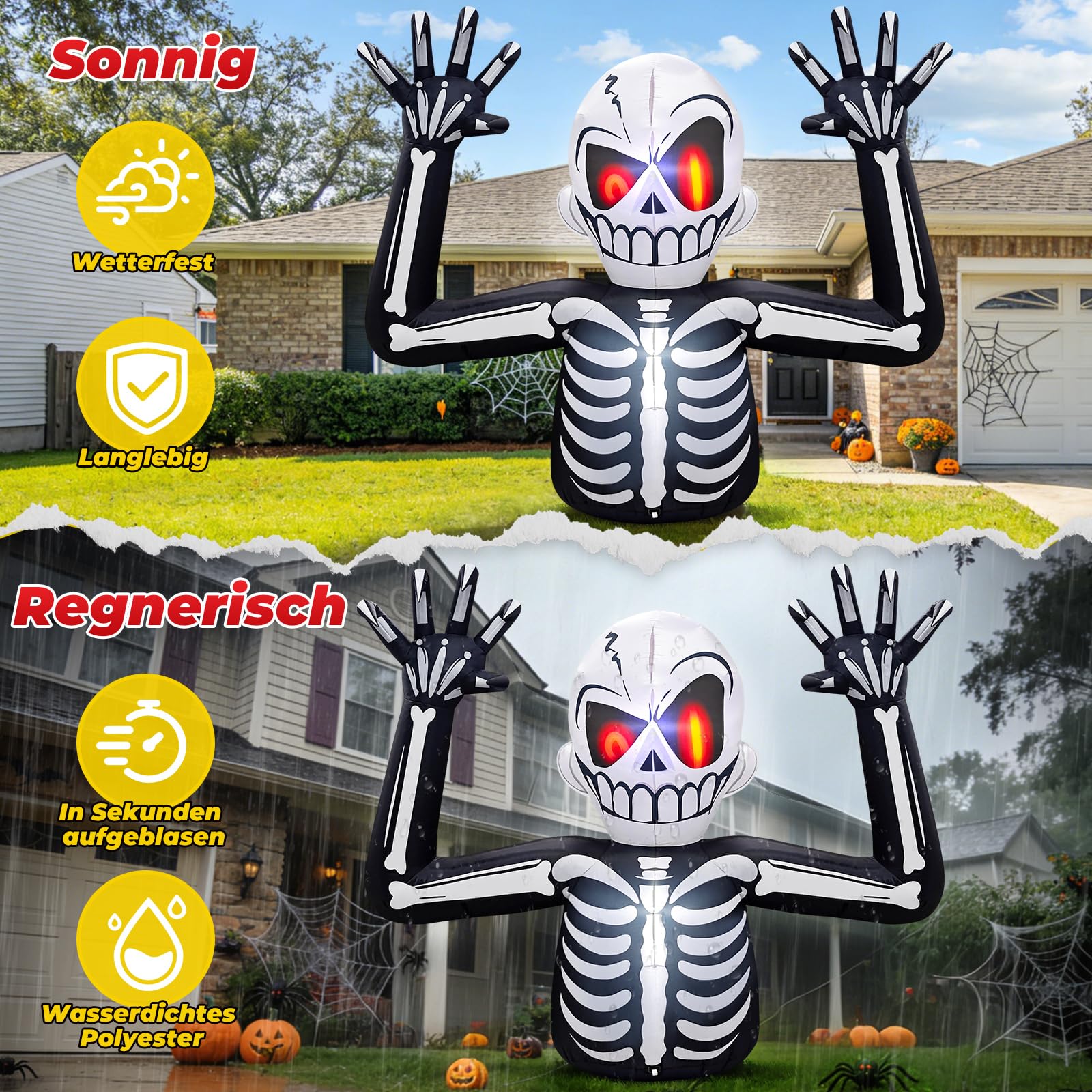 Danxilu 1,83M Gruselige Aufblasbar Halloween Skelett Außen Deko Roten Augen | Eingebaute LED Lichter, Wasserdichtes Material, Seile und Heringe für Windstabilität, Geeignet für den Garten, Rasen, Feiern