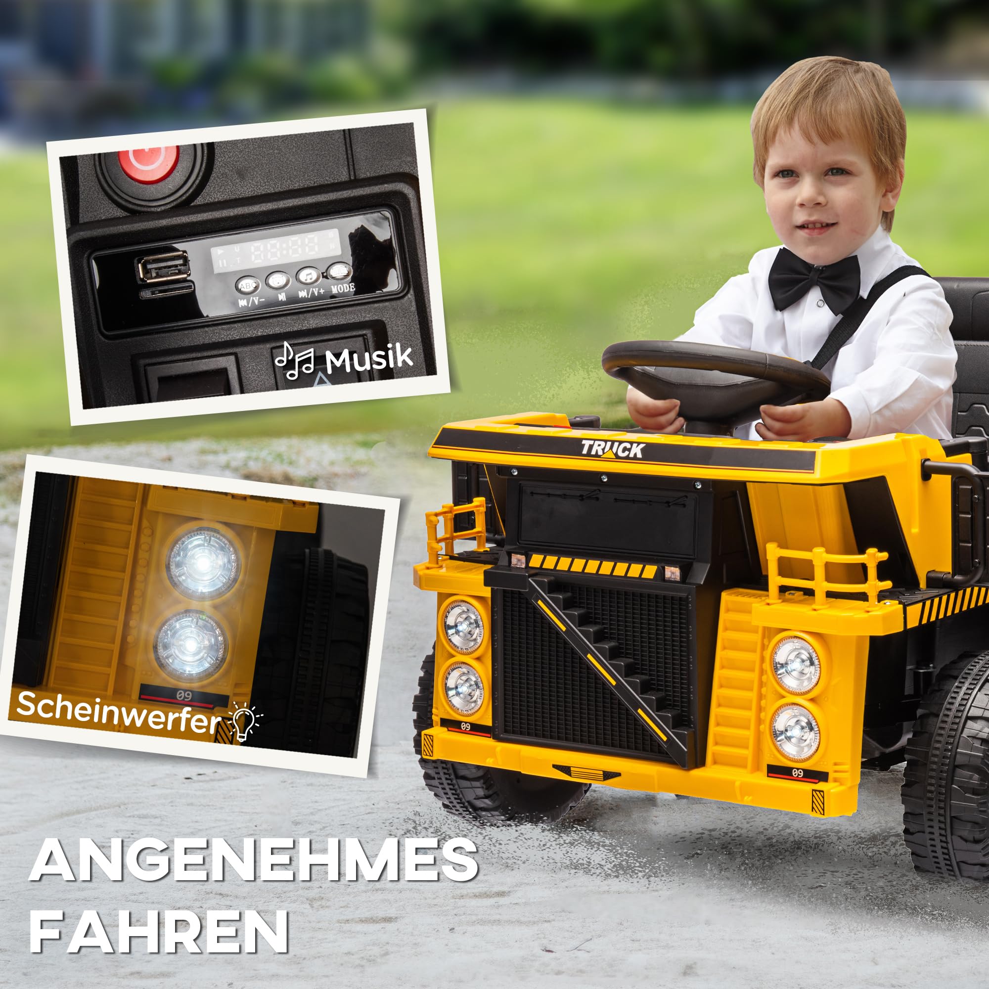 AIYAPLAY Elektrischer Traktor mit Schaufel, 12 V, für 3-5 Jahre, Gelb | Kinder Aufsitztraktor, Selbstfahrend, Kinder Elektroauto mit MP3 Funktion, Kinderfahrzeug mit Scheinwerfer, 3-6 km/h