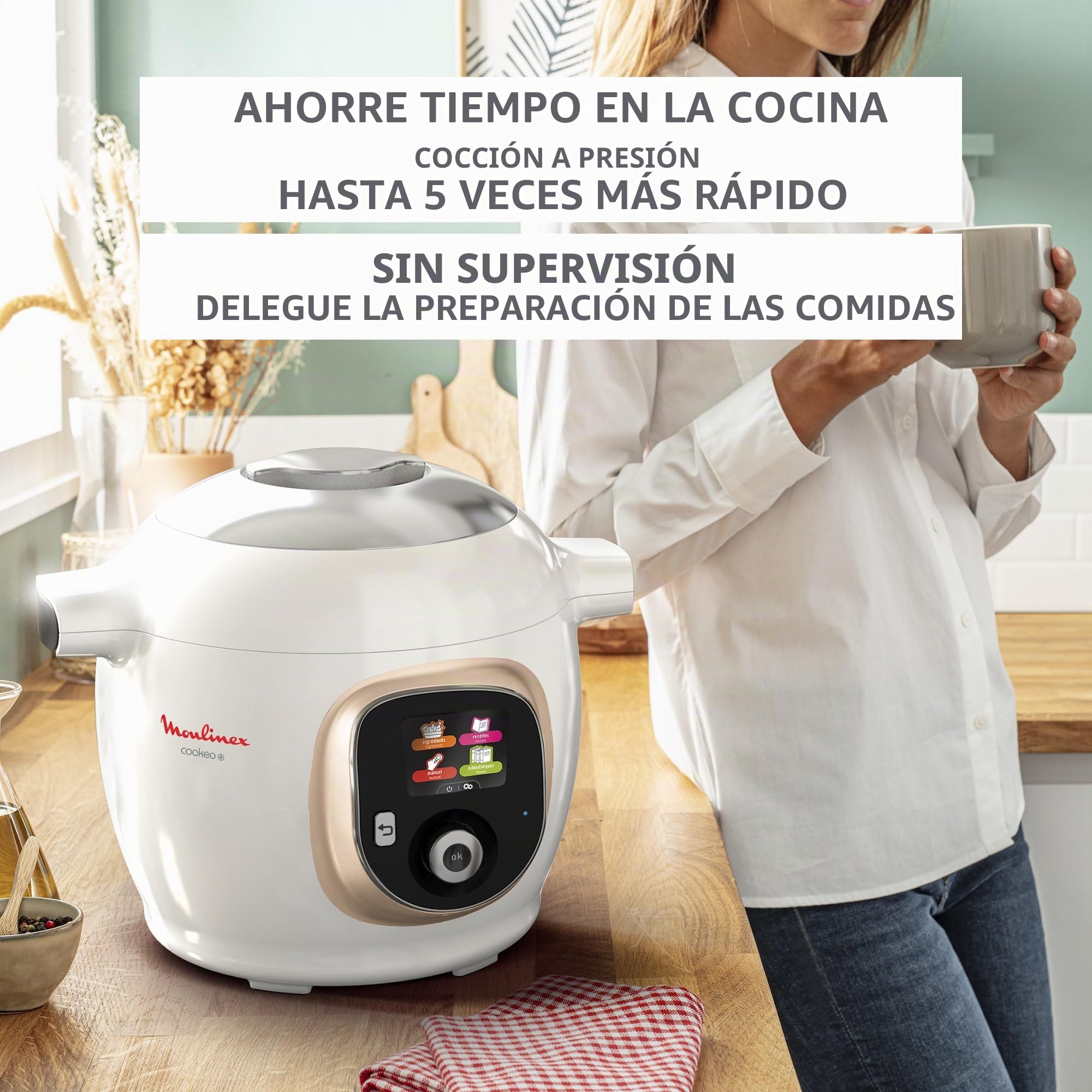 Moulinex, Cookeo - Multicooker inteligente 6L, 150 recetas integradas, cocción sin vigilancia, pantalla intuitiva, guía de cocción, aplicación MyMoulinex, 1600 W, blanco, 15 años reparabilidad
