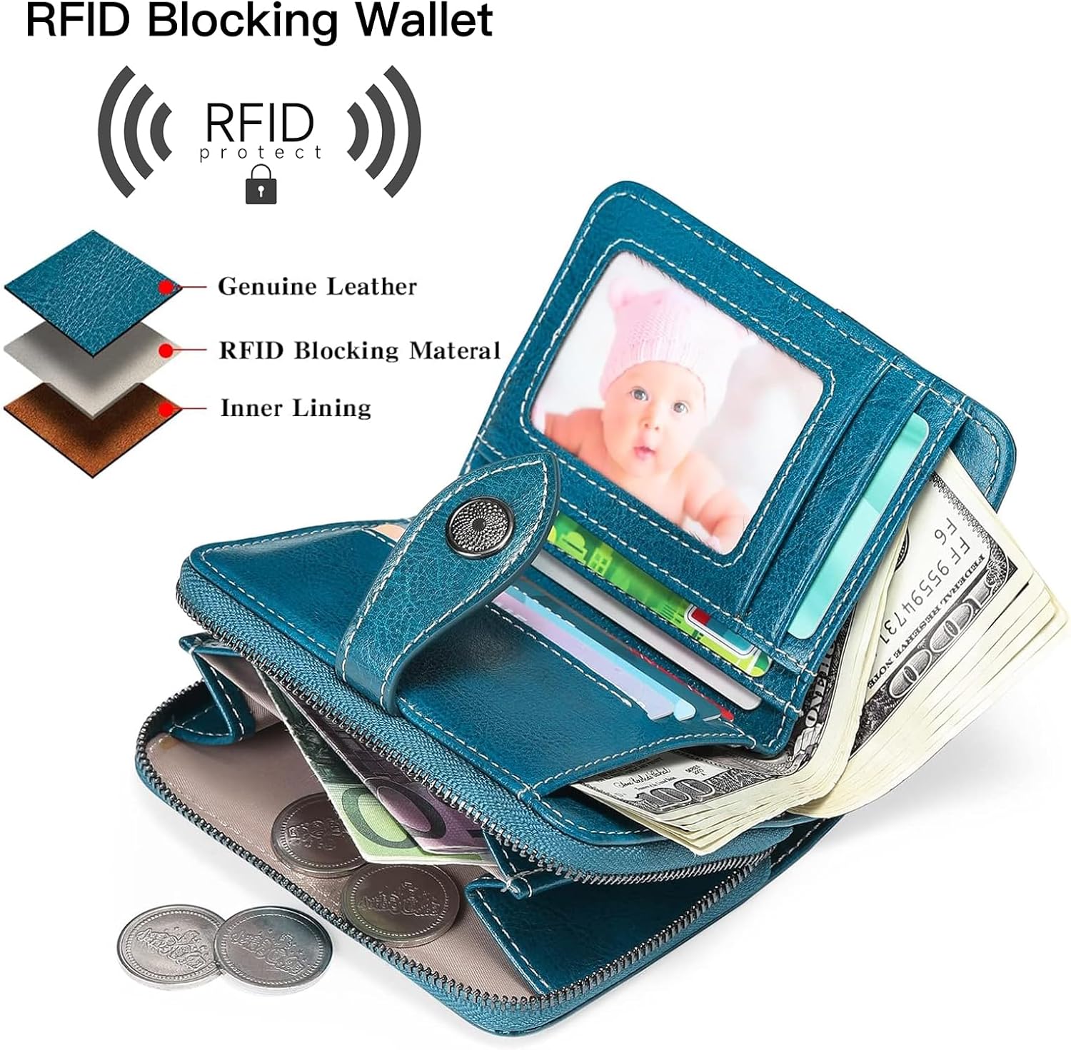 SENDEFN Small Womens Wallet Leather RFID Blocking with Multiple Card Slots and Zipper Coin Pocket - Image 3