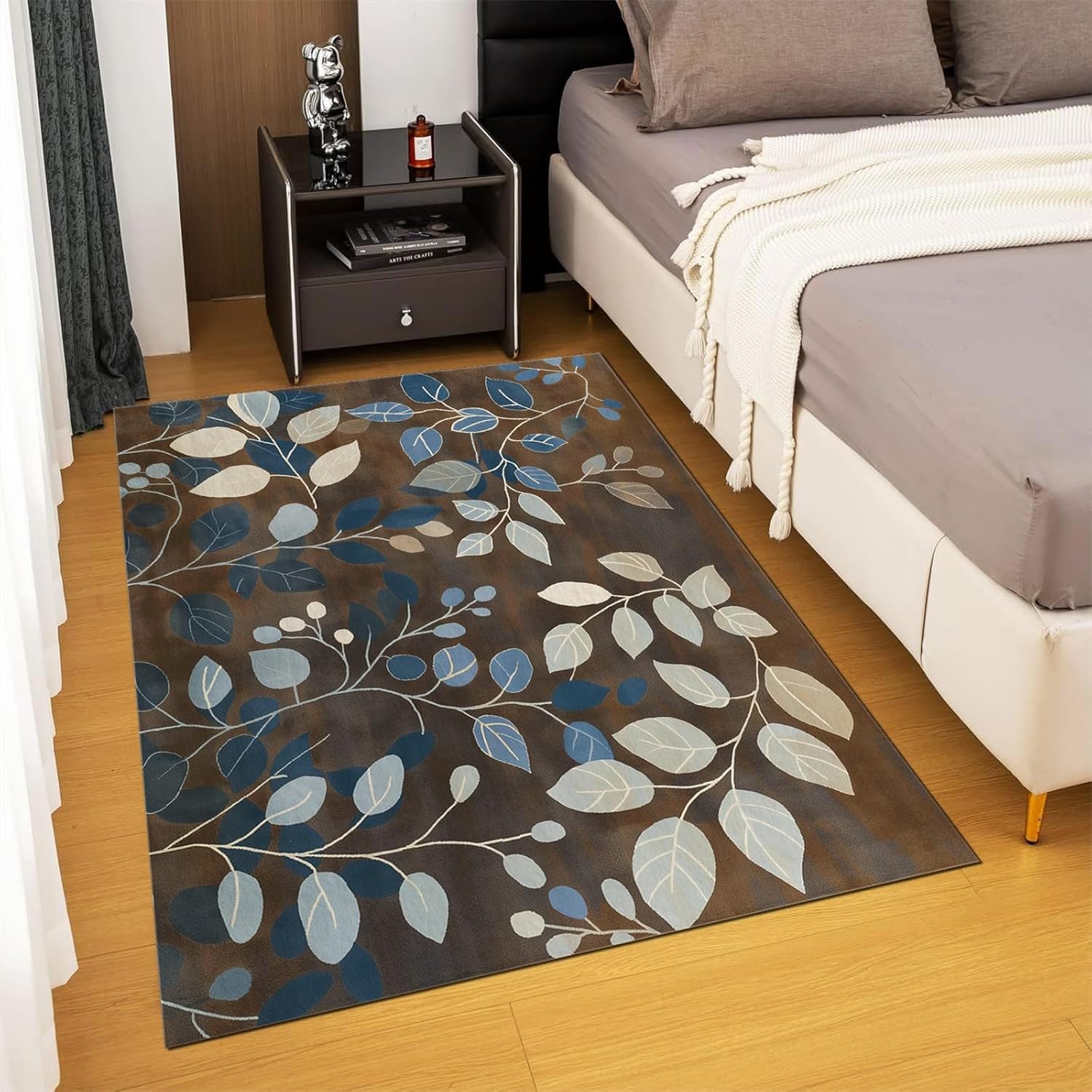 2 x 3 Vines and Floral Bedroom Rugs, Washable Area Rug for Bedroom Rubber Backed, Brown and Blue Leaves Stain-Resistant Carpet for Dining Room Under Table, Hallway, Kitchen