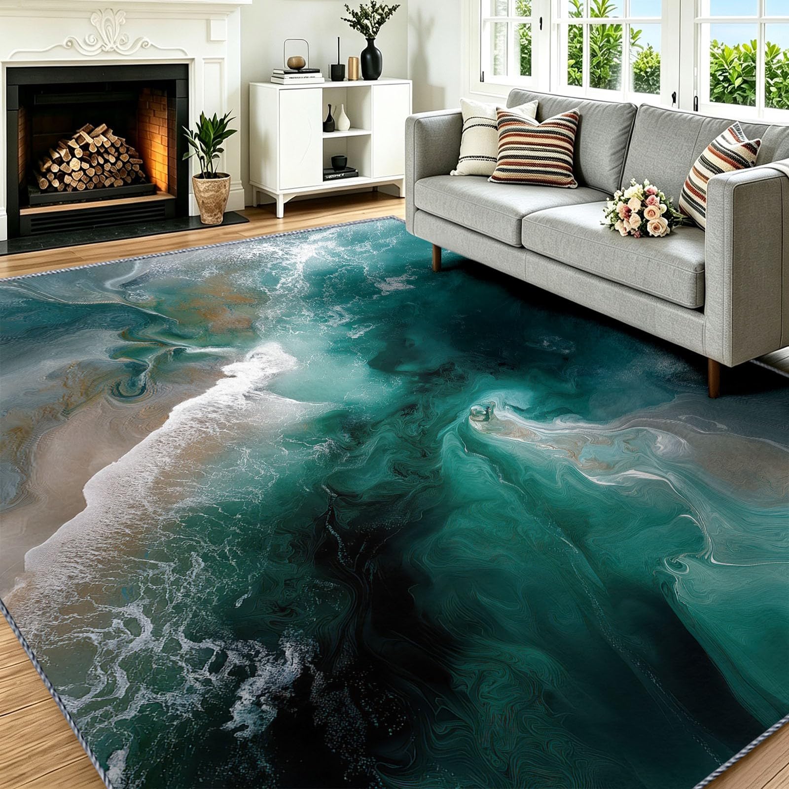 Générique Tapis Salon 80 x 150 cm Océan Plage, Tapis Imprimé Style Côtier Abstrait, Lavable Antidérapant, Decoration Chambre Maison, Poil Ras, Doux, Vert