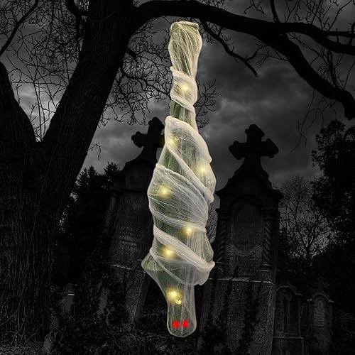 Cadáver de capullo de momia de Halloween de 71 pulgadas con ojos LED y cuerpo cubierto con telarañas de araña, decoración aterradora para exteriores