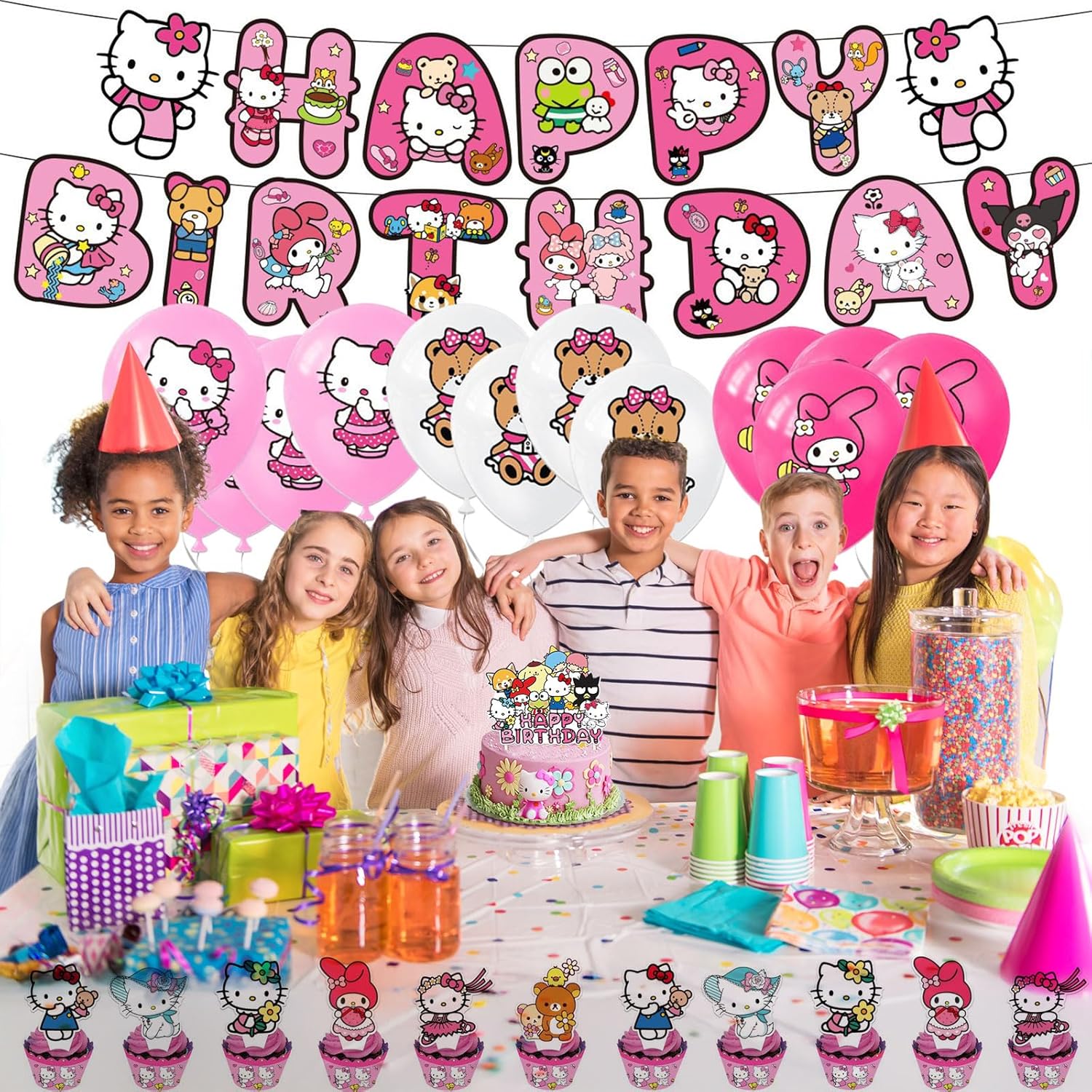 Cute Cartoon Birthday Party Supplies, Pink Party Decorations Set Include Banner, Balloons, Cake Topper, Cupcake topper Toppers for Girls Anime Theme Party - Image 3