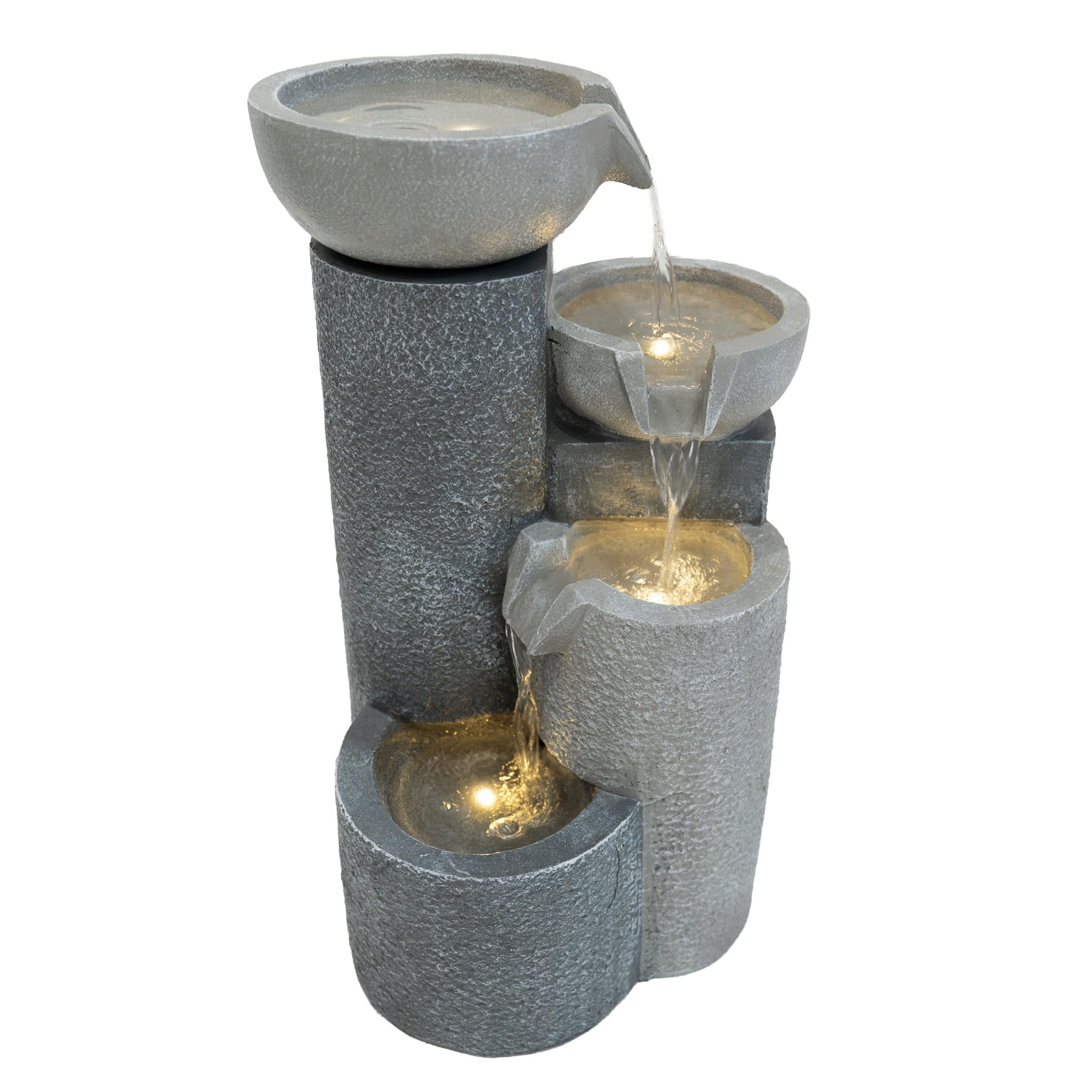 Kaskadierende Outdoor-Wasseranlage – Elektrischer Gartenbrunnen in Grau – 3 warmweiße LED-Leuchten – Netzbetriebene Pumpe – Deko für Garten & Zuhause – Tranquil Tiers – Reinigungsbürste