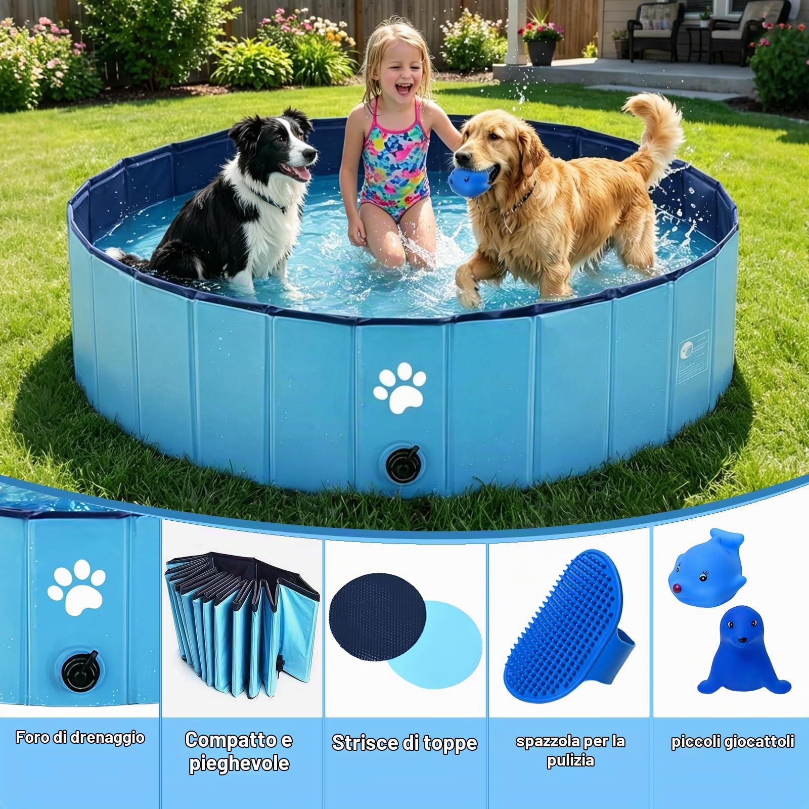Piscina per Cani Pieghevole, Portatile Vasca da Bagno per Animali, Piscinetta per Animali Domestici per Cani Grandi e Piccoli, per all'Aperto Interno Giardino, Blu, 100 x 30 cm