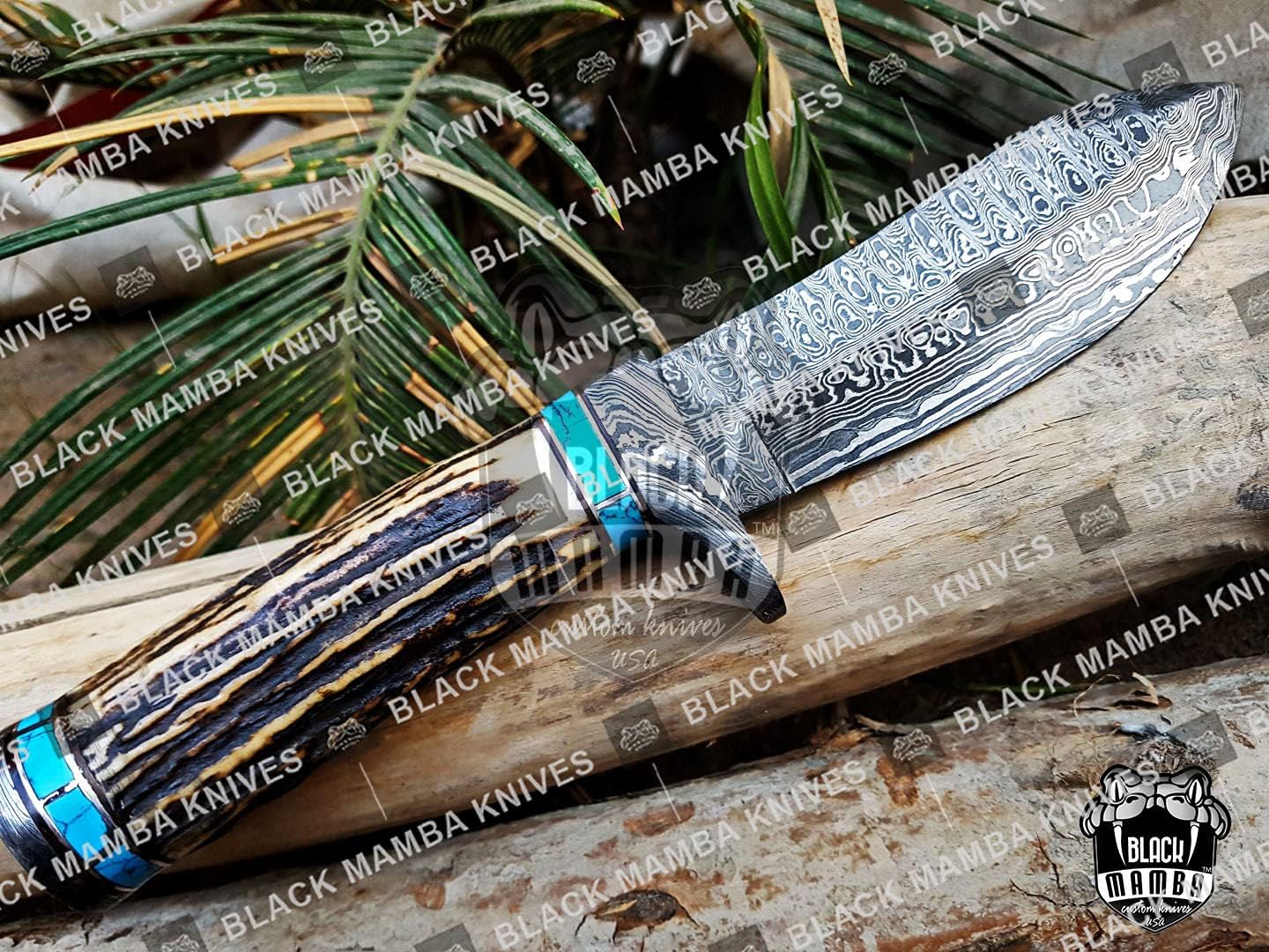 BMK-111 Persian Yuma 9.5 Long 4.5 Blade 7 Ounce Damascus Hunting Fixed Blade Knife With Stag Antler and Turquoise Spacers
