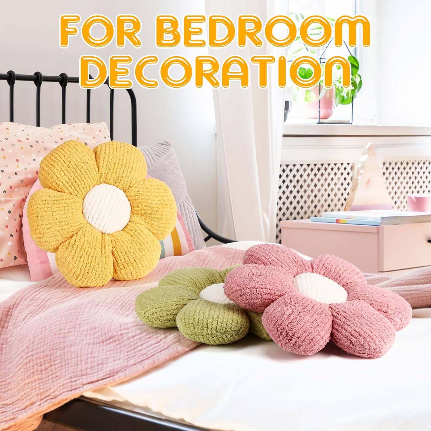Coume 6 Pcs Flower Floor Pillows - 16 Inch Daisy Throw Pillows Cute Flower Decorative Floor Seat Cushions for Bedroom Home Sofa Chair Couch Decor(White, Pink, Purple, Yellow Green, Dark Green)