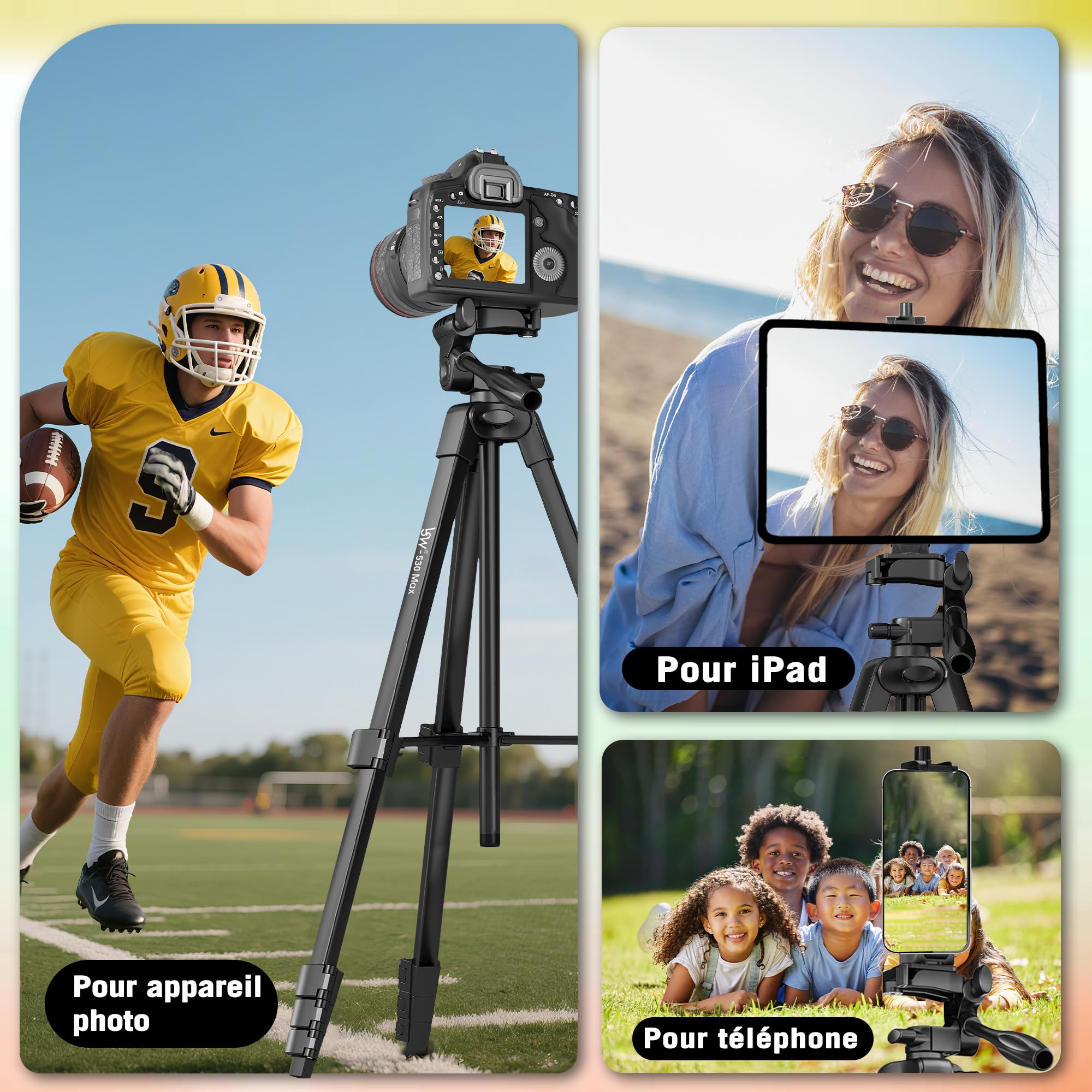 Trépied de Téléphone de 152,4 cm avec Support de Trépied 2 en 1, Support pour Téléphone Portable/Tablette/Webcam/Gopro/Toutes Les Caméras, avec Sac de Transport pour la Photographie/Vidéo