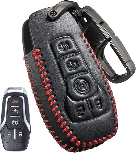 Slohif Accesorios para llavero Ford Fusion Mustang F150 Edge Explorer Lincoln MKZ MKC MKX 5 botones, funda de cuero + anillo en D + gancho (negro)