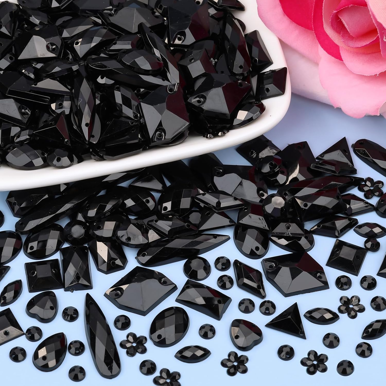 500 Pieces Mixed Acrylic Flatback Sew on Rhinestones Crystal Gems Diamante for Clothes Crafts DIY Dress Shoes Bag Decorations (Black) - Image 4