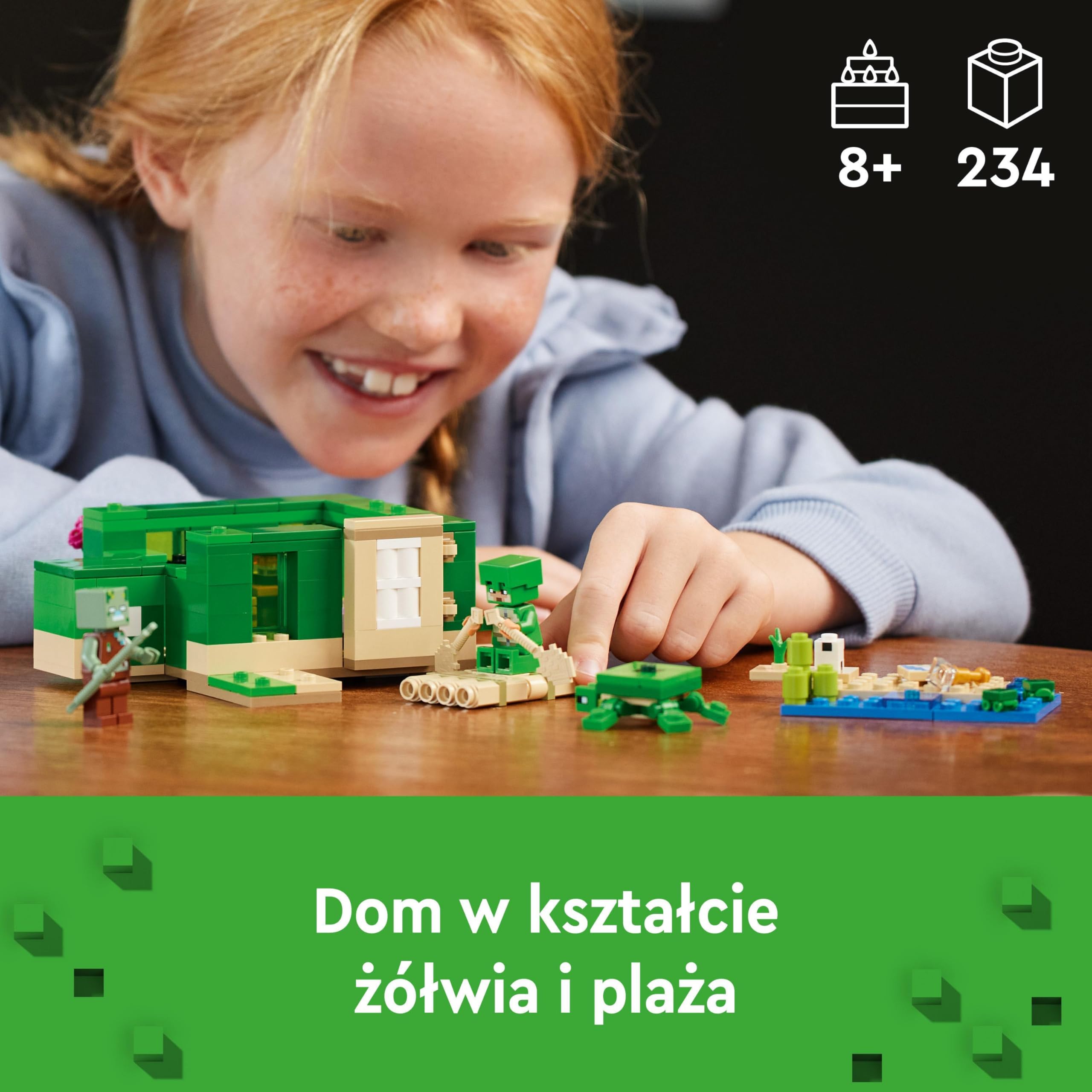 LEGO 21254 Minecraft Domek na plaży żółwi — zestaw do zabawy w opiekę nad zwierzętami z akcesoriami, dla dzieci w wieku od ośmiu lat; zestaw z postaciami i figurkami z gry, prezent dla graczy