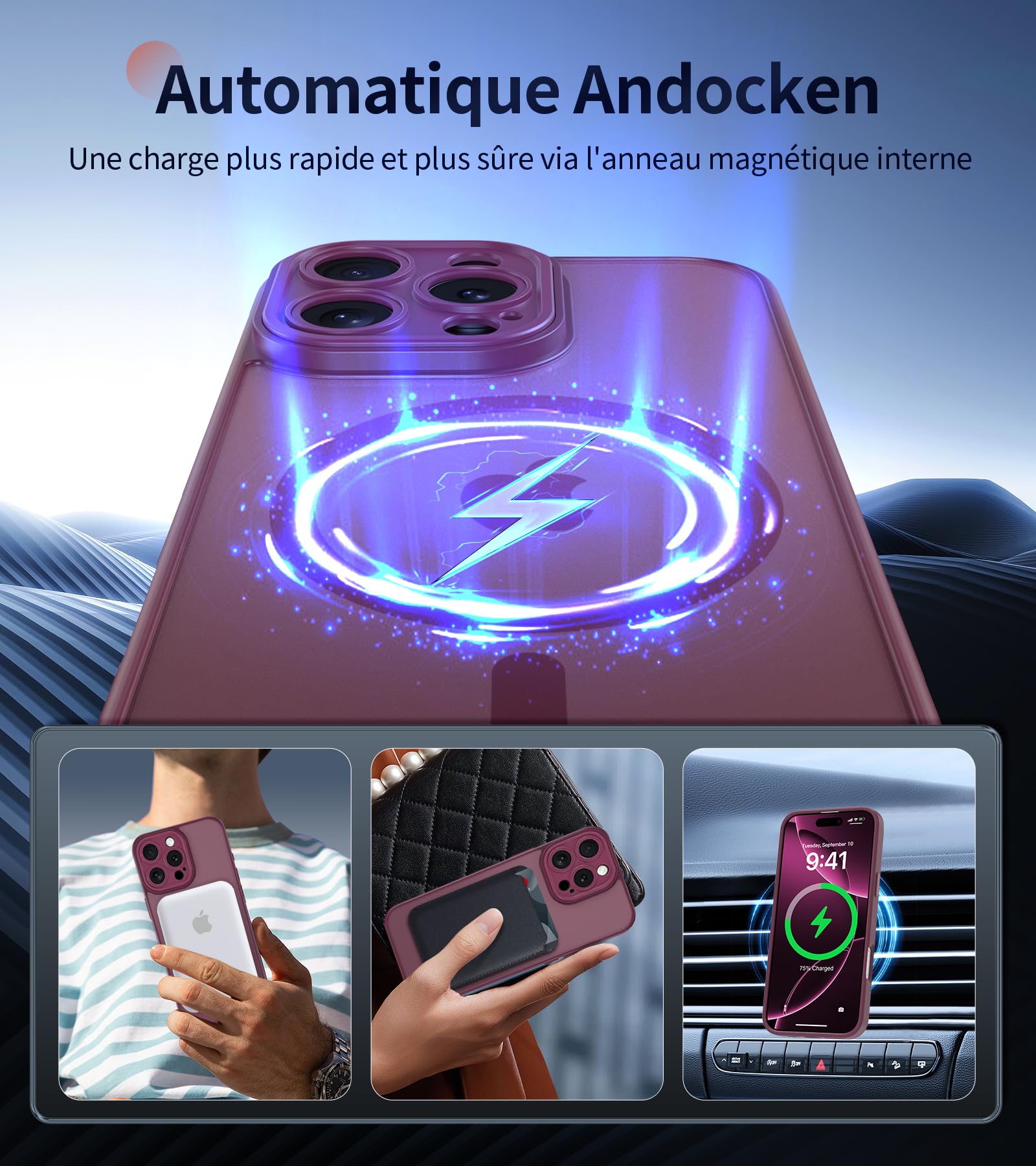 FLLAO Cover Magnetica per iPhone 16 Pro Max Custodia e 2 Pellicole in Vetro Temperato, Cover iPhone 16 Pro Max Compatibile con Magsafe, Traslucida Sottile Antiurto Protettiva Case, Rosso Scuro