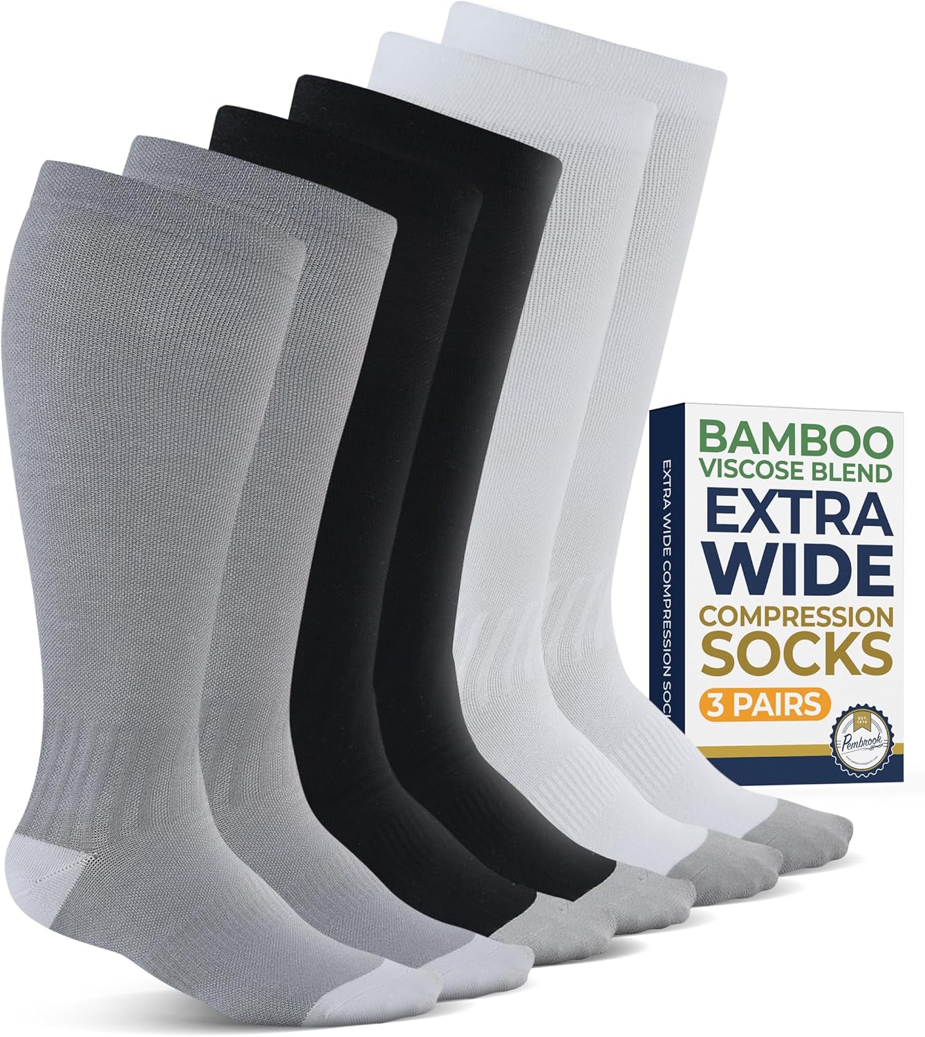 Pembrook 3 Pairs Plus Size Compression Socks Wide Calf - Bamboo Viscose Compression Socks for Women Wide Calf