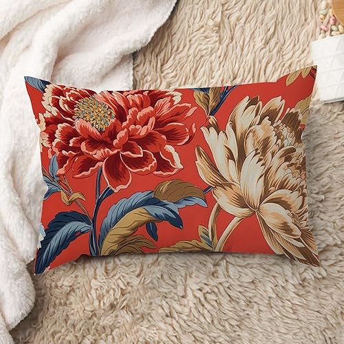 ArogGeld Cojín de almohada lumbar estilo chinoiserie chinoiserie rojo peonía floral funda de almohada flor de peonía verde azulado verde y rojo