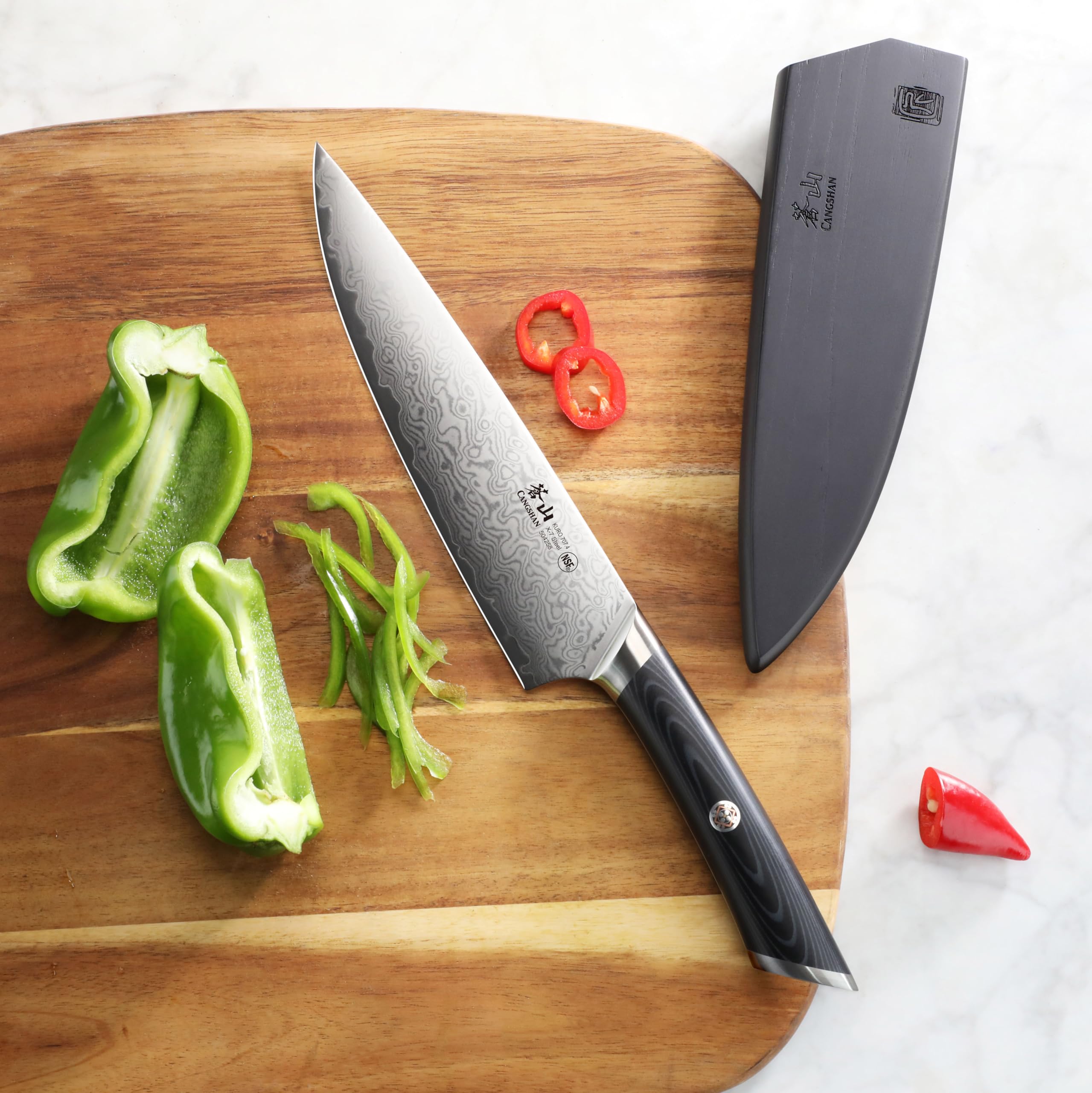 Cangshan KURO Series 8-Inch Chef's Knife with Sheath, High Carbon X-7 Damascus Steel, 504258 — Amazon image 4