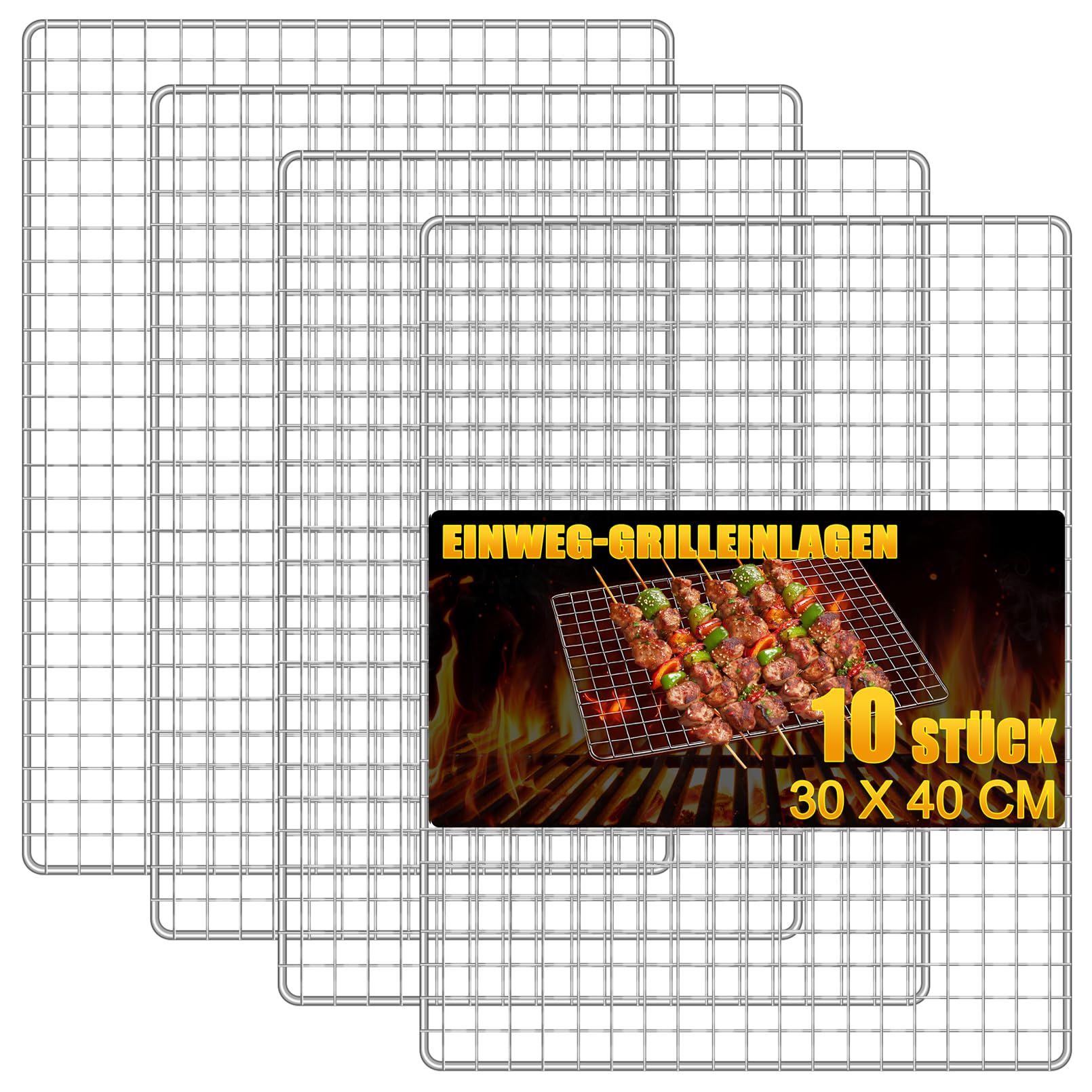 10 Stück Einweg-Grillaufsätze, 30 x 40 cm große Einweg-Grillroste, Grillroste aus Edelstahl, robustes Backgestell für Outdoor, Picknick und Camping