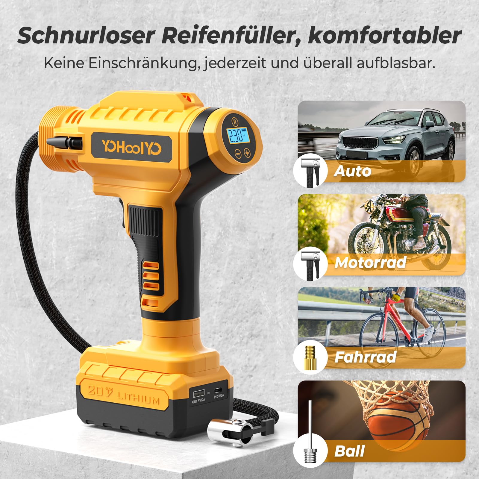YOHOOLYO Luftpumpe Akku Kompressor Luftkompressor Handkompressor Tragbare Elektrische Luftpumpe AutoOff mit Akku und Auto Netzteil Max 150 PSI für Auto Motorrad und Fahrrad Gelb