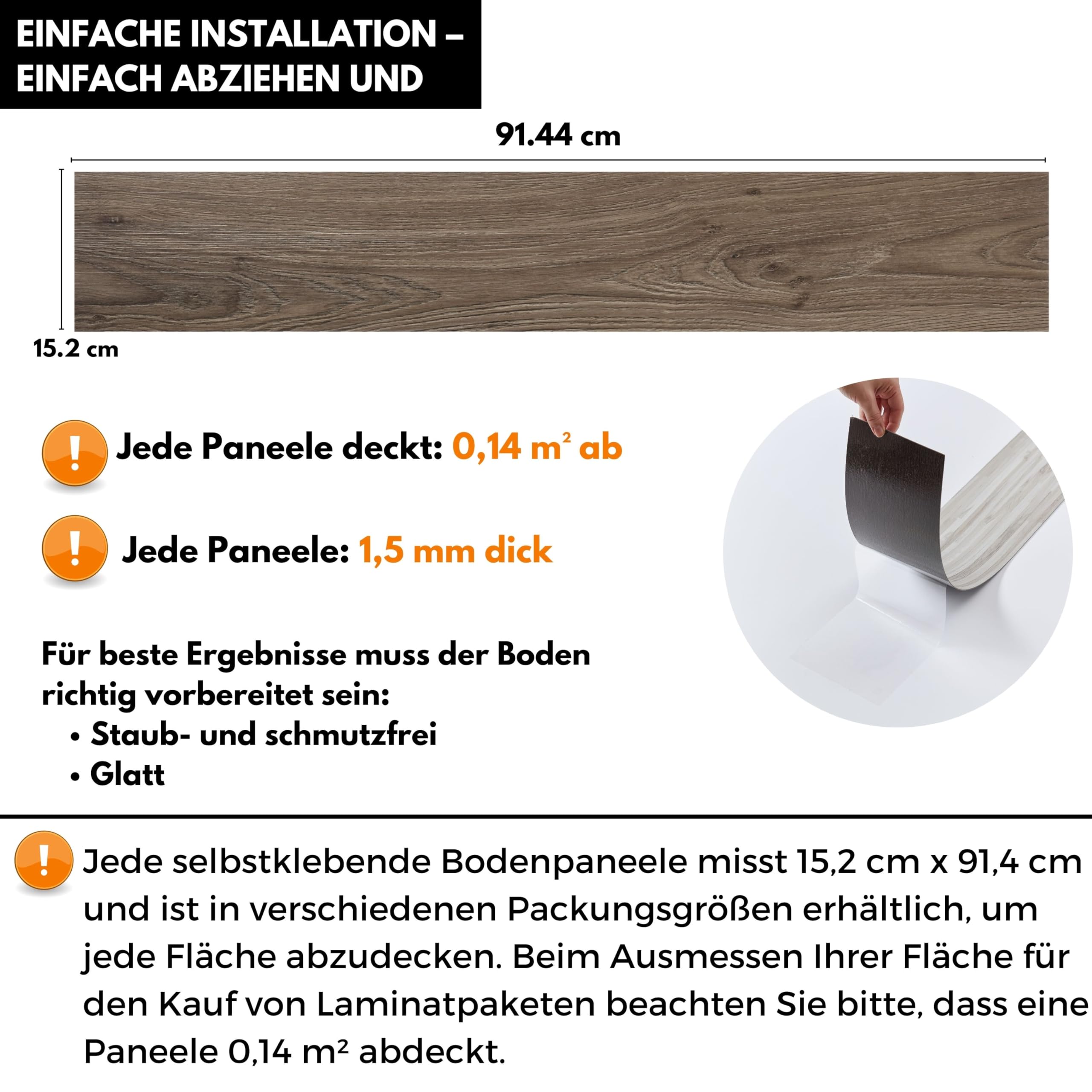 Vinylboden Selbstklebend – 10 Dielen Pack Bodenfliesen 1,39 m² Abdeckung, Braune PVC Bodenbelag Selbstklebend je Planke 91,4 × 15,2 cm – Braune Holzoptik mit Natural-Touch-Effekt