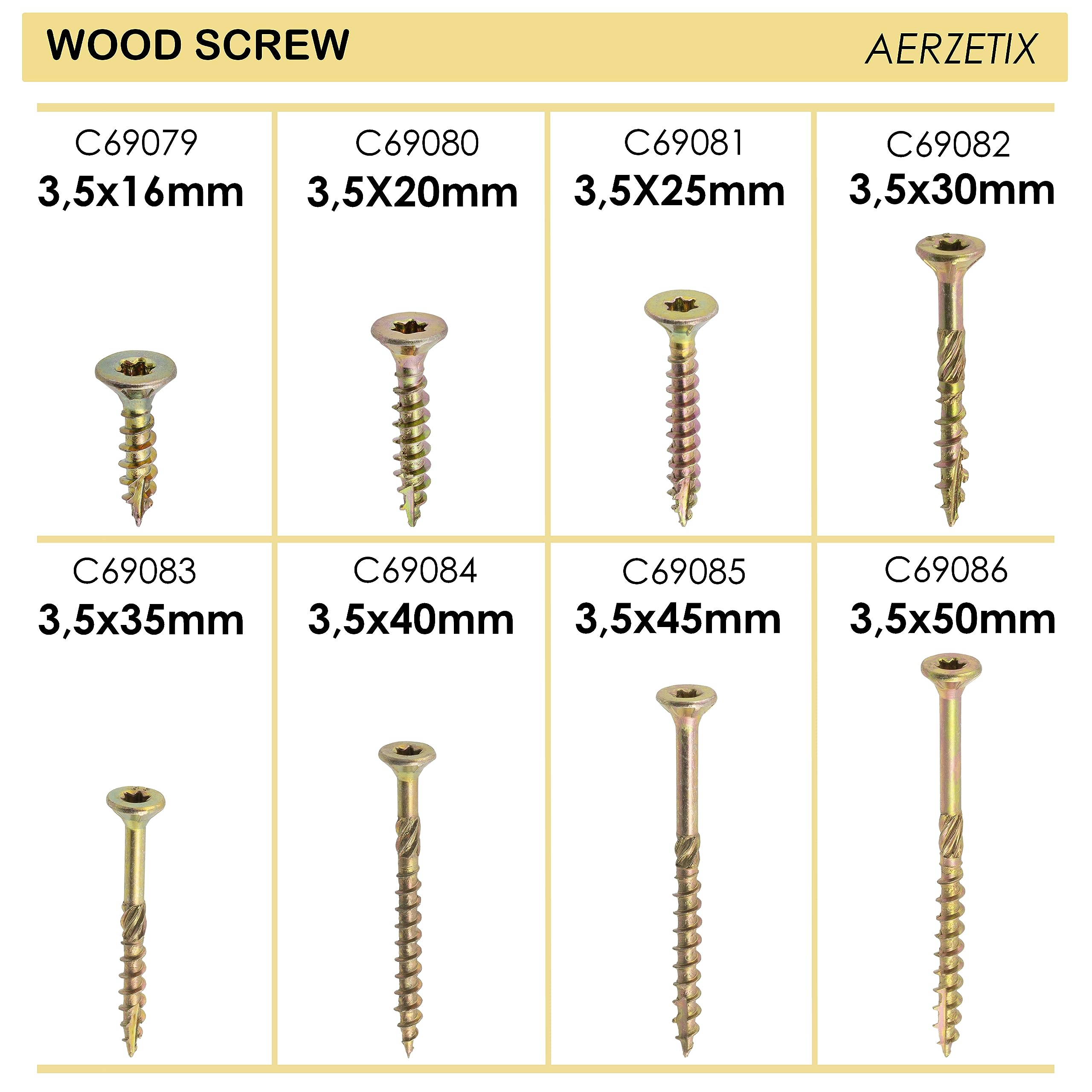 AERZETIX - Set di 100 Viti per Legno Ø3.5x50mm a Testa Fresata - con Impronta Stella T15 - in Acciaio Zincato - Carpenteria Compensato Truciolare Melaminico Terrazza Pannelli Trave