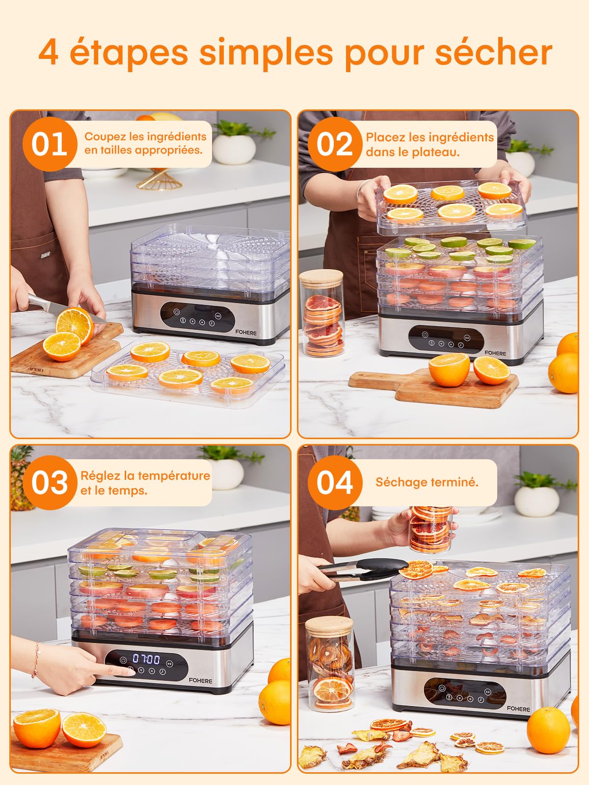 FOHERE Déshydrateur Alimentaire, Déshydrateur en acier inoxydable 420W, 5 Plateaux Réglables en Hauteur, Contrôle de Température de 35 à 70°C et Minuterie de 48 Heures, Pour Fruits, Viande, Sans BPA