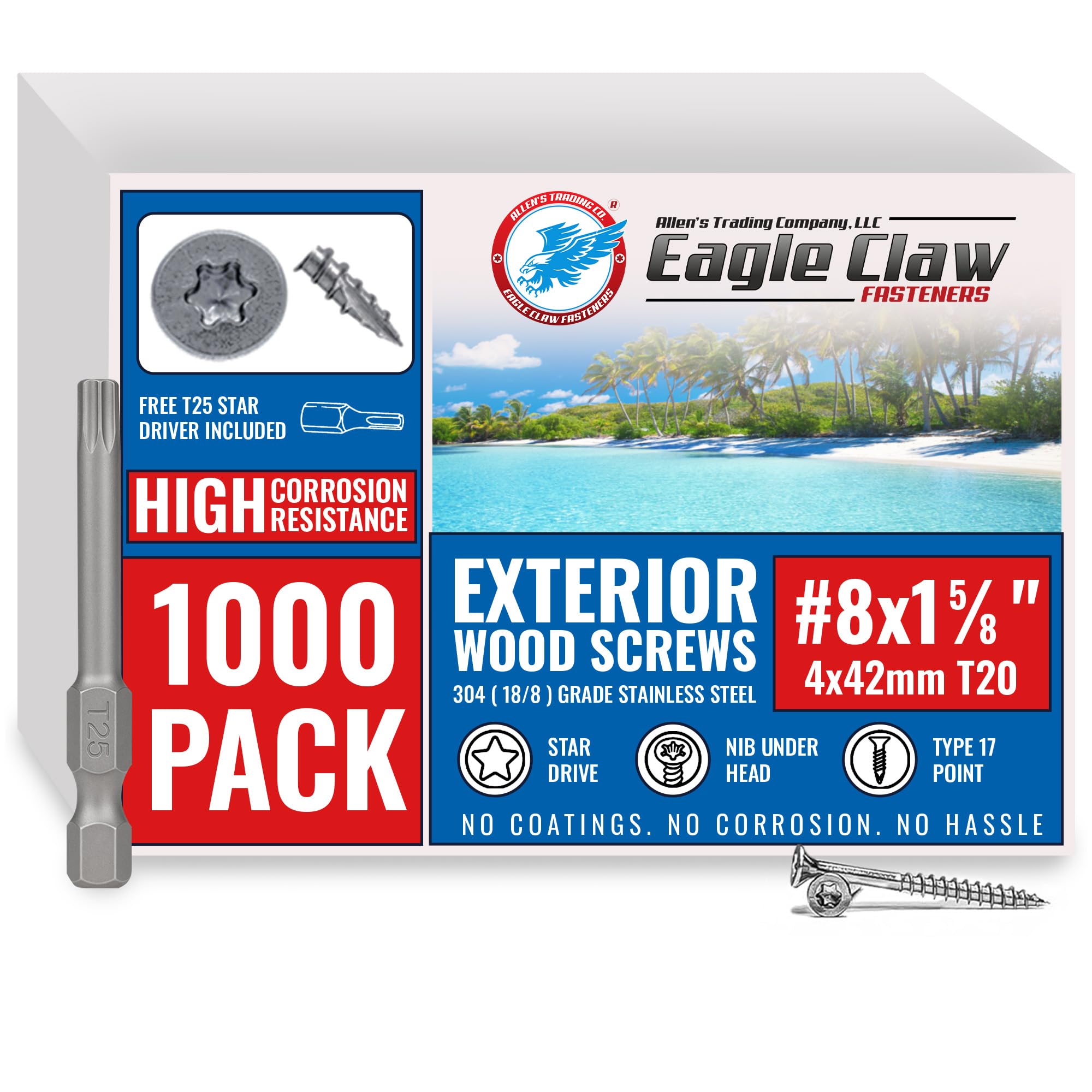 Tornillos para madera de acero inoxidable #8 x 1 5/8 pulgadas | Grado 304 (paquete de 1000) | Cabeza plana T20 Star Torx Drive | Tornillos de acero inoxidable de Eagle Claw Fasteners | Resistente a la