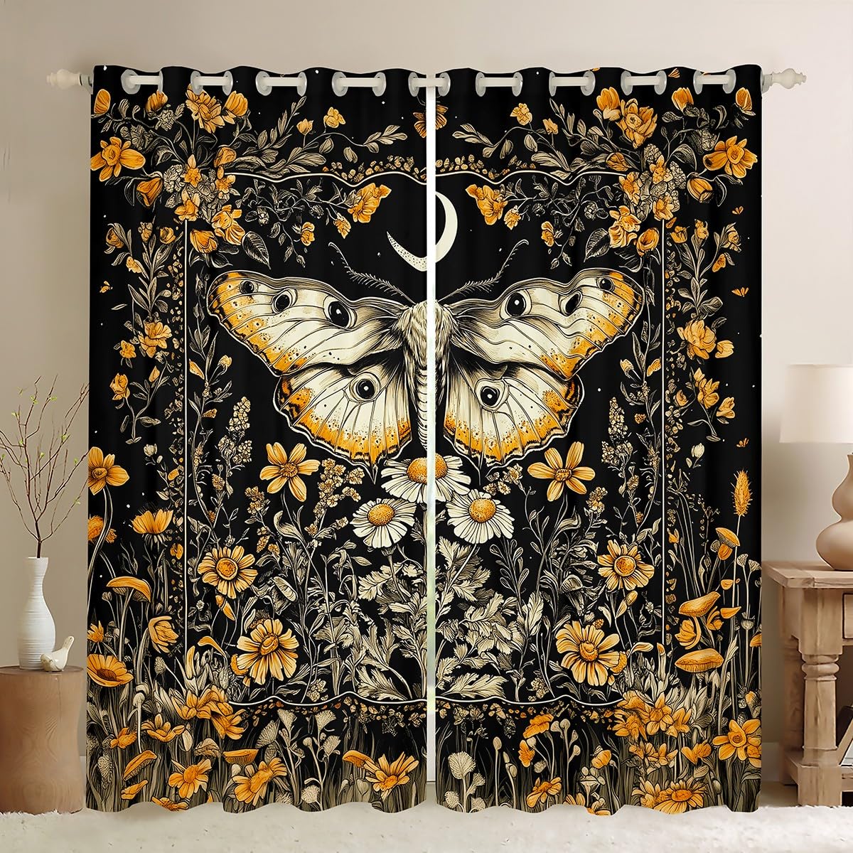 Homemissing Boho Death Moth Window Drapes Boho Butterfly Moth Window Drapes Treatments Boys Girls Flower Mushroom Rustic Garden Curtains Moon Sun Window Treatments, W66*L90,2 Panels,Blackout โ image 1