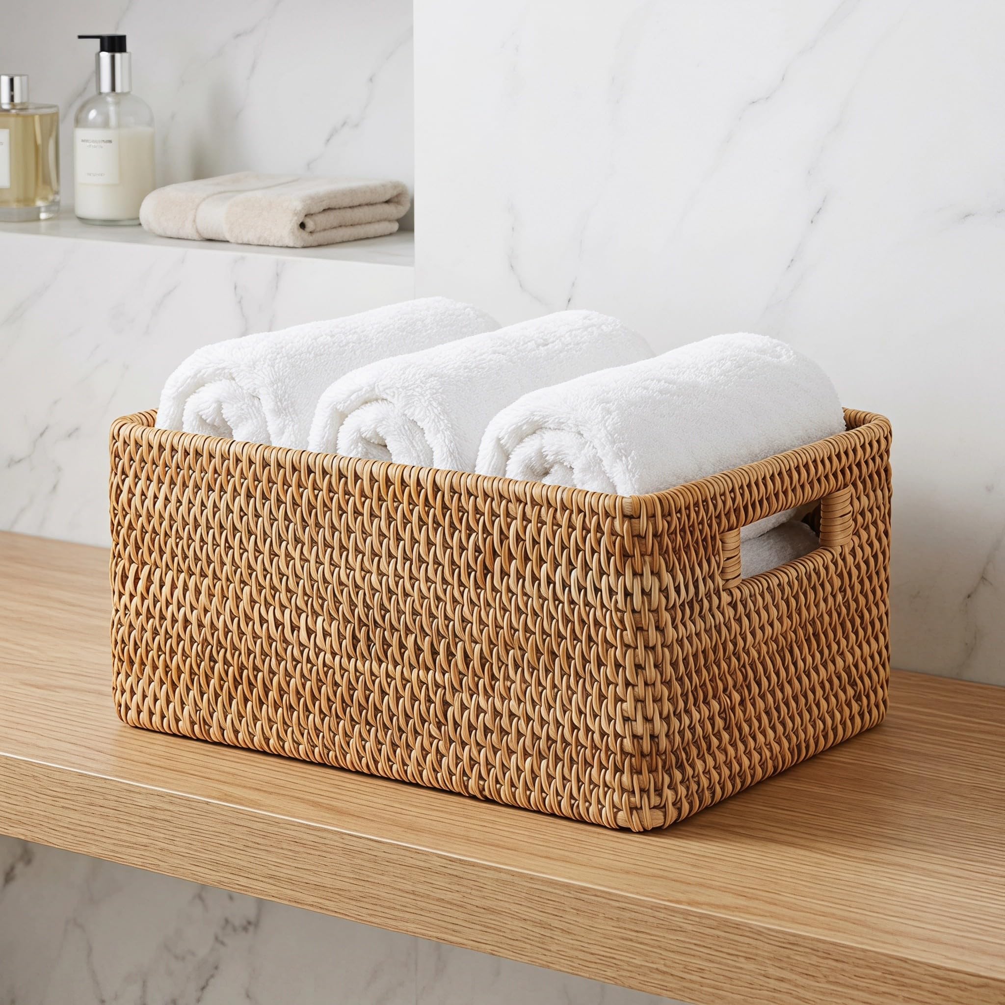 Toddmomy Caja de almacenamiento de ratán tejido para cocina y despensa, baúl grande de mimbre con asas integradas, ideal para artículos diversos, baño y artículos esenciales del hogar. Medidas: