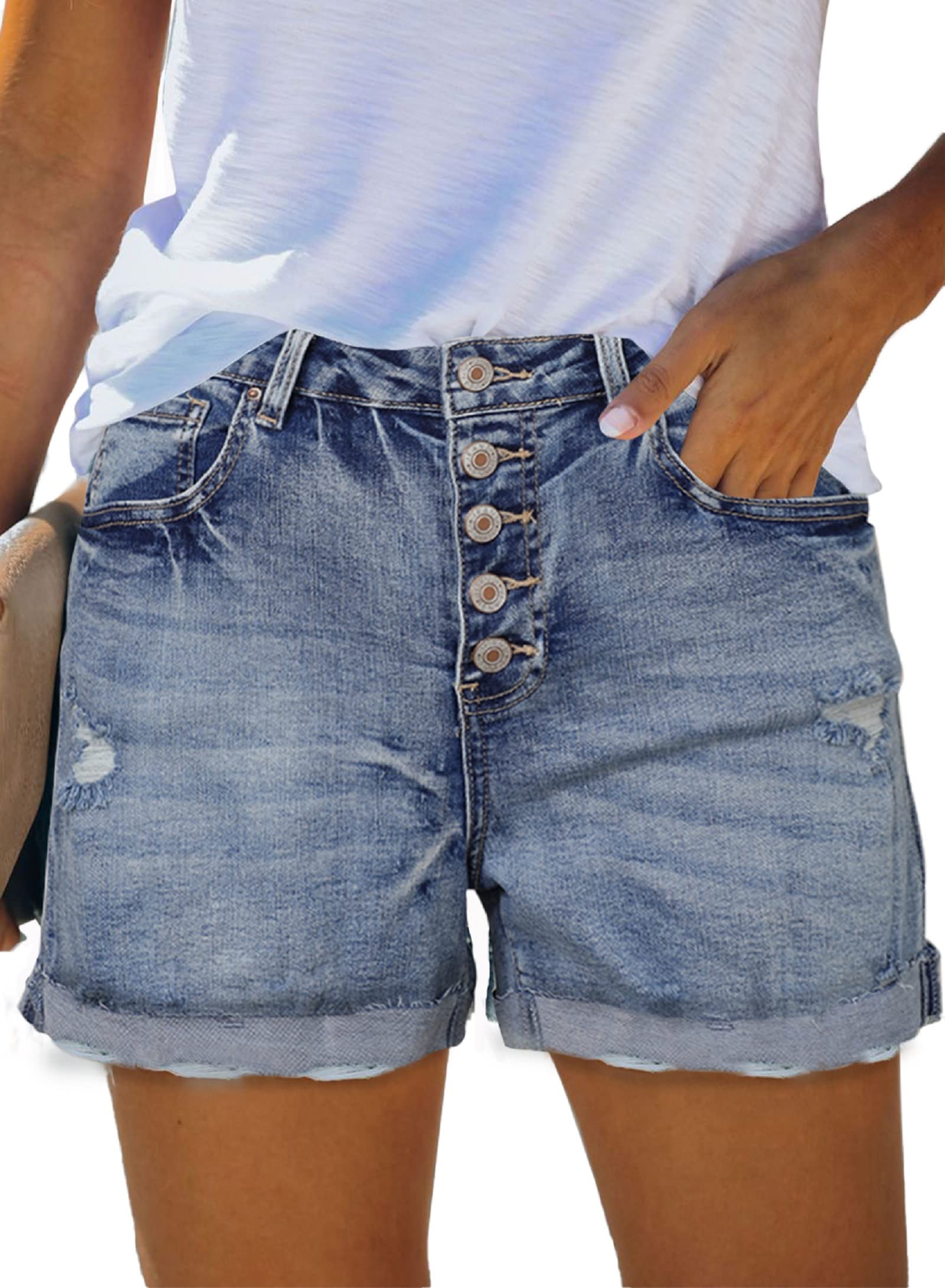SidefeelWomen Mid Rise Distressed Cuffed Rolled Hem Casual Denim Jeans Shorts