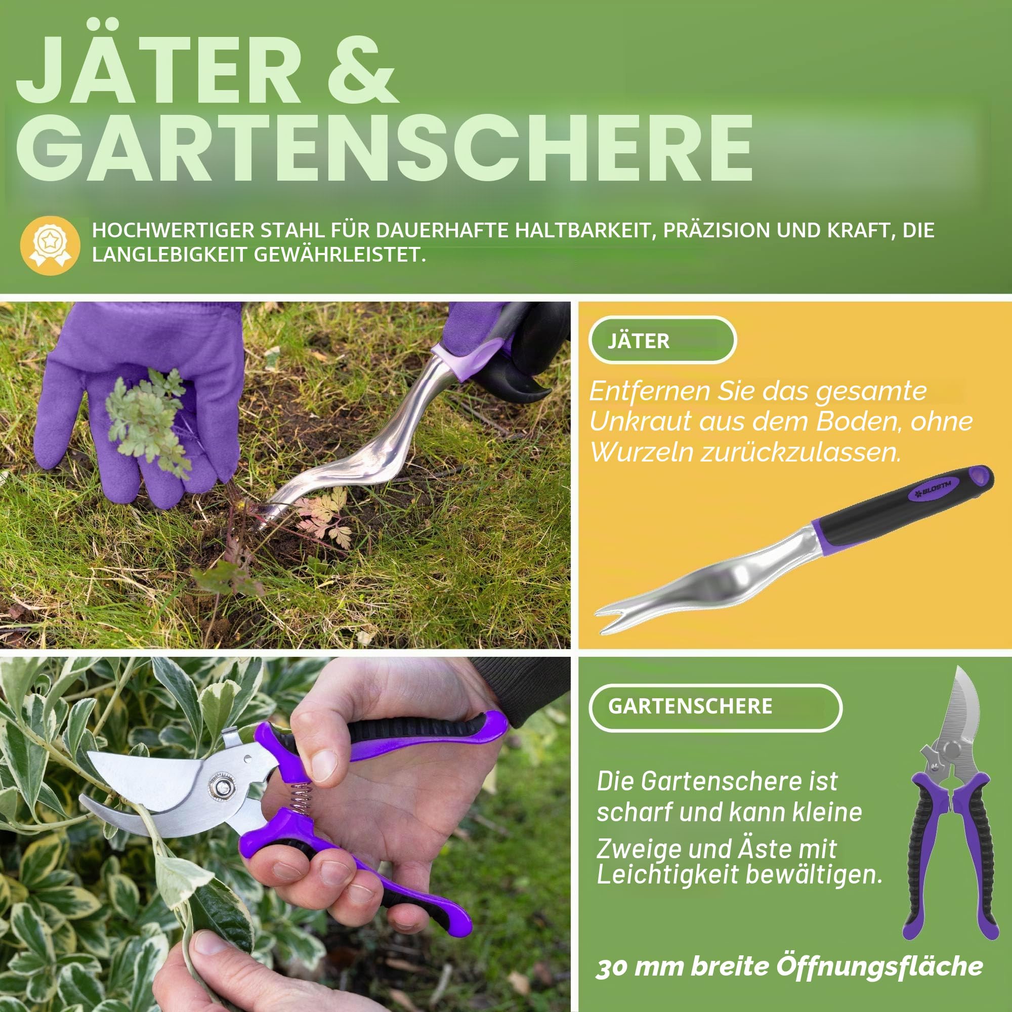 BLOSTM Gartenwerkzeug-Set, 11-teilig, robustes Gartengeräte-Set mit wasserdichter Tragetasche, rostfreies Gartenkellen-Set mit ergonomischen Griffen, Gartengeschenke für Männer und Frauen (lila