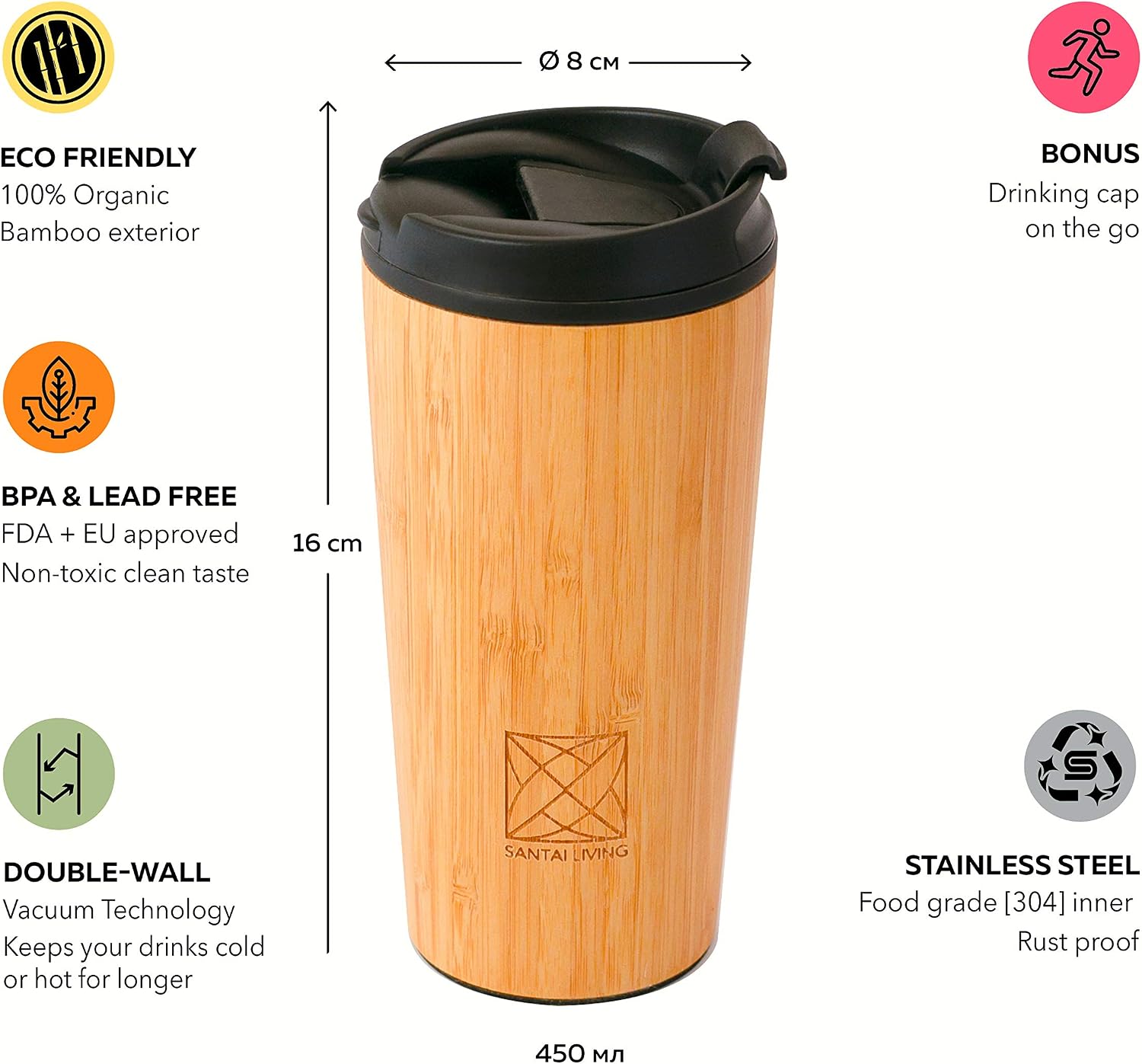 Best Cyber Deals 🔥 Santai Living Insulated Bamboo Travel Mug Tumbler Leak-Proof Black Flip Lid Coffee Cup Stainless Steel Thermos,16oz/400ml