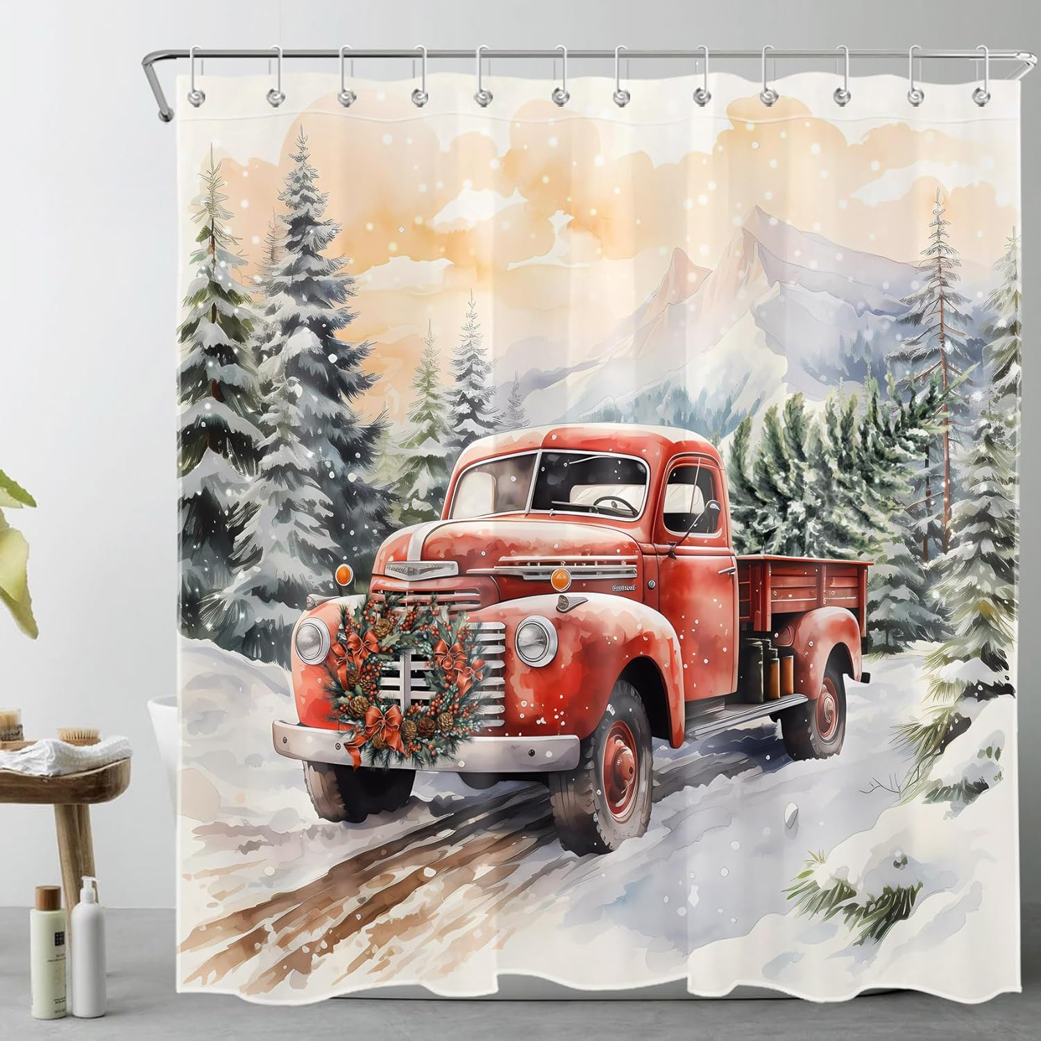 AUEEA Red Truck Christmas Shower Curtain for Bathroom Green