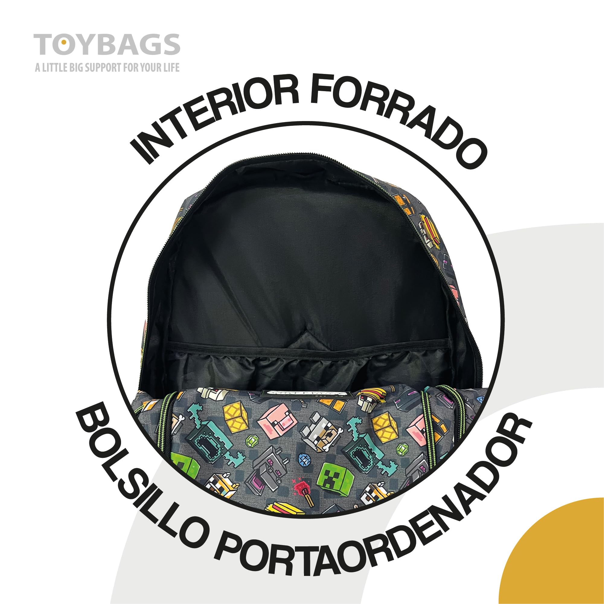 ToyBags Mochila Escolar Minecraft Pixel 25 Doble Compartimento Adaptable con Carro Negro con Protección Lateral y Stoper Frontal Anti Caída 4 Ruedas Giratorias 44 x 30 x 20 cm