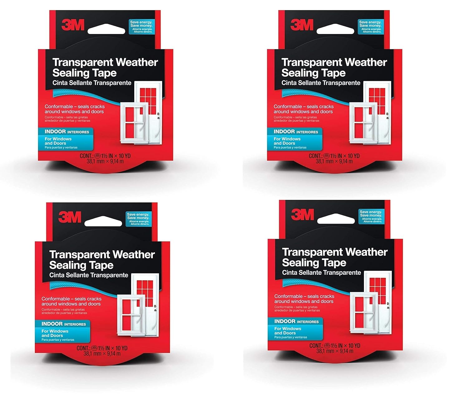3M Interior Transparent Weather Sealing Tape, 1.5" x 10 Yards (4 Pack), Moisture-Resistant Insulating Tape for Interior Windows & Doors, Stops Drafts, No-Residue Easy Removal