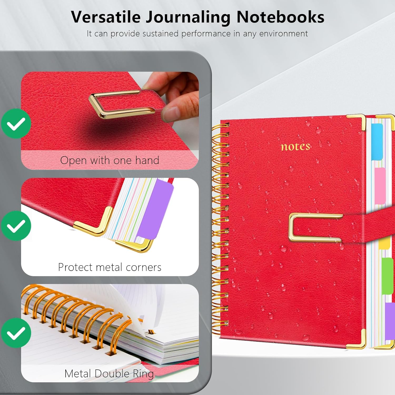 Hardcover Spiral Notebook College Ruled, 8"x10" Leather Journal Notebook with Magnetic Closure, 300 Pages 5 Subject Notebook with Dividers Tabs Journal for Women Men, Work, School