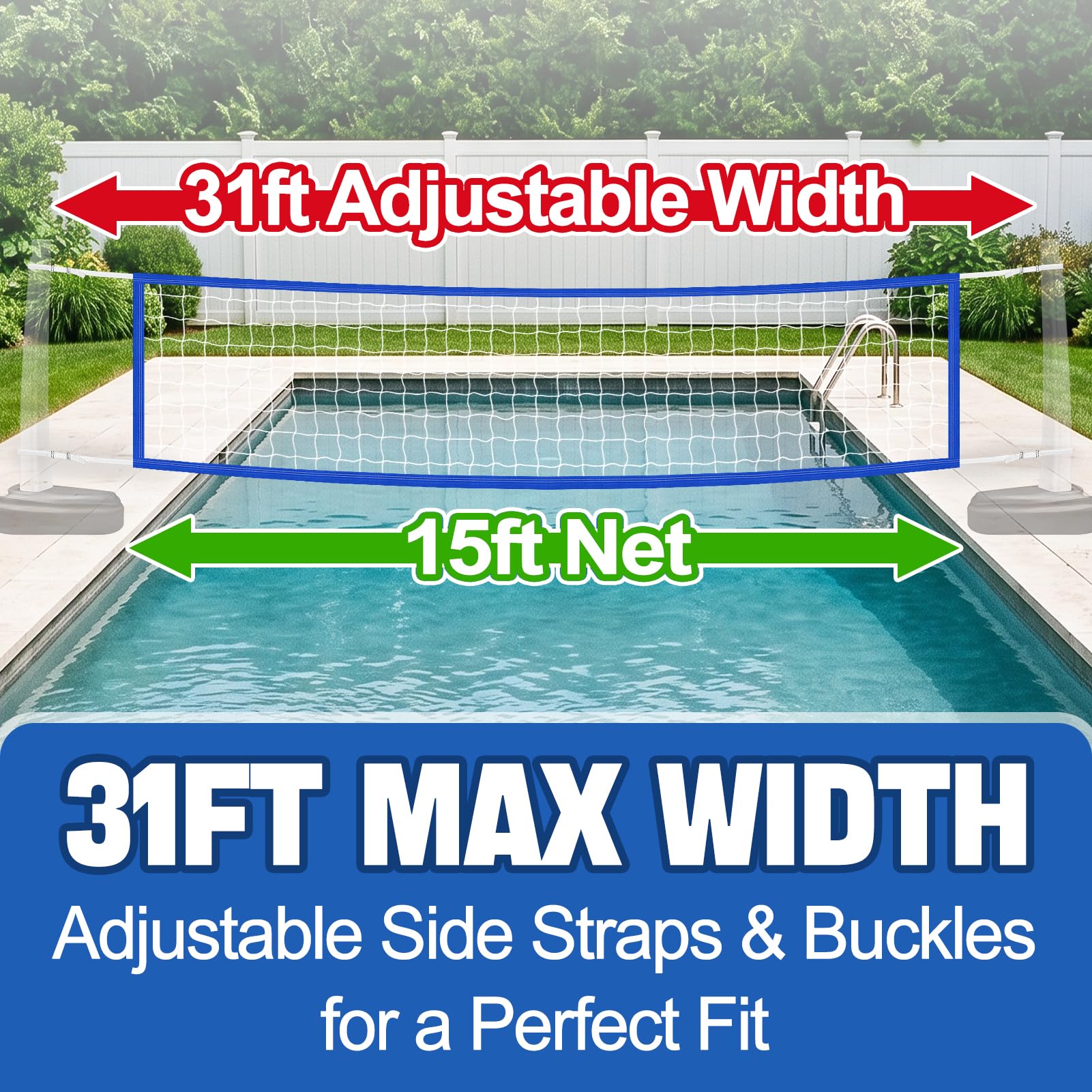 Red de repuesto para voleibol de piscina, 15 x 3 pies, duradera, ajustable, para exteriores, fácil de instalar para piscinas enterradas en el patio trasero