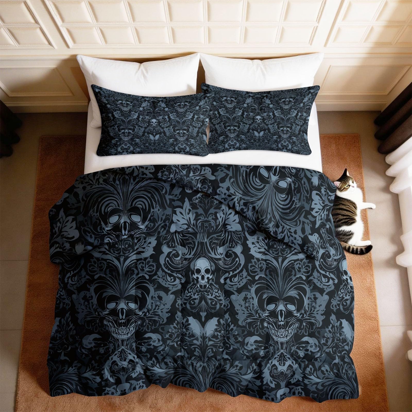 Edredón gótico de 230x220 cm negro con calaveras de damasco reversible
