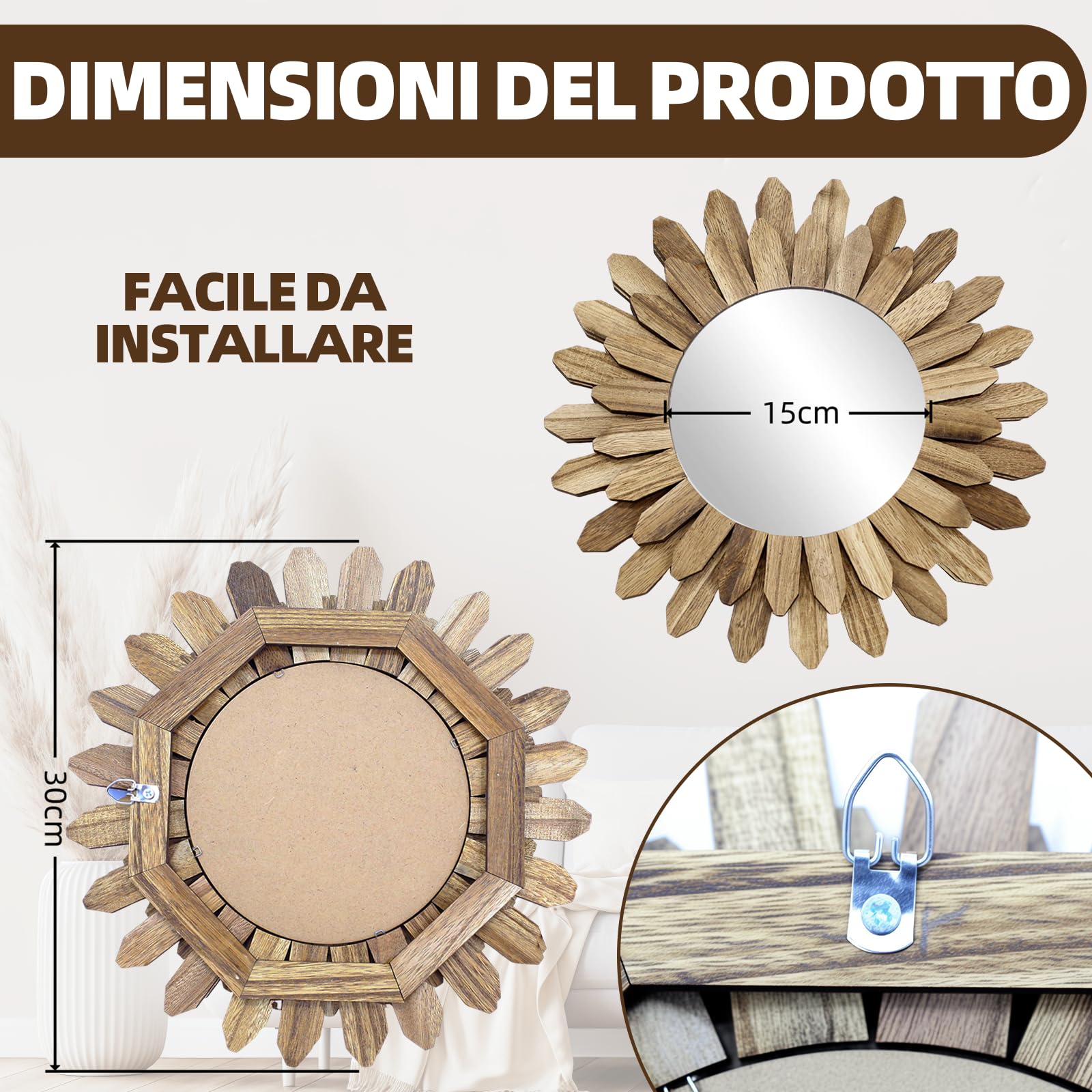 Specchio da Parete Bohemian, 30 cm di Diametro, Design Sunburst Rustico in Marrone, Specchio Decorativo con Effetto Legno per Soggiorno, Camera da Letto, Corridoio, Decorazione Boho e Parete