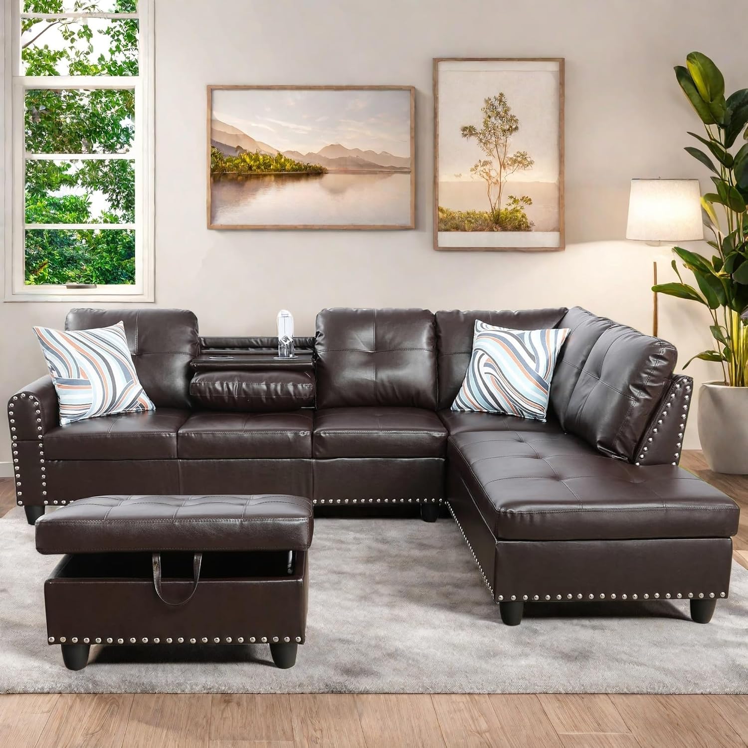 FONTOI Leather Sectional Couch with Otttoman, 97" L Shaped Couch Sectional Sofa for Living Room, Modern Modular Couches with Cup Holders for Bedroom, Apartments, Brown