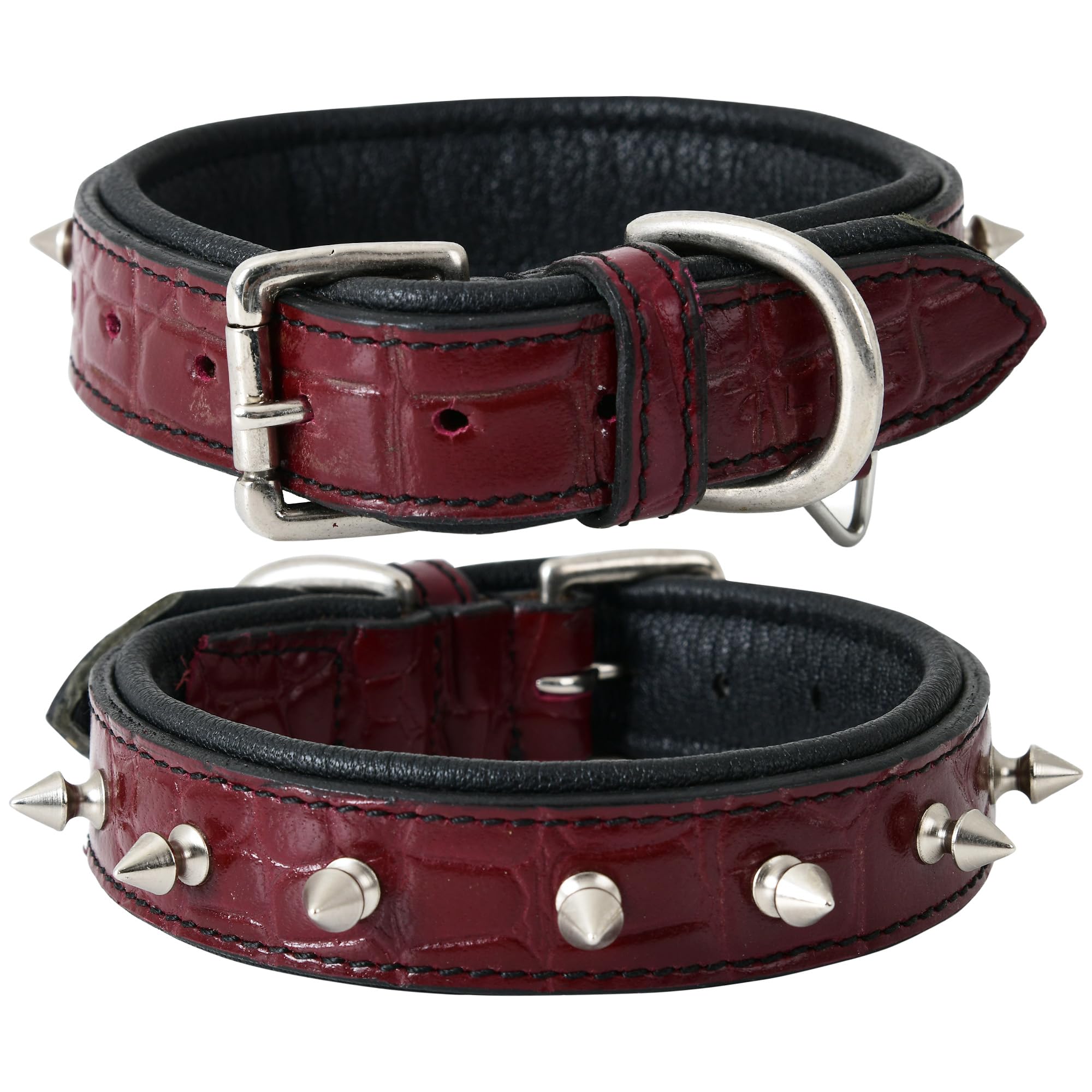 DowgClub Spiked Leather Dog Collar - 1 Inch Wide Full Grain Bridle Leather, Crocodile Pattern, Heavy Duty Padded Design - for Small Breeds (Wine Red, S (Fit Neck 11.5"-14.5"))
