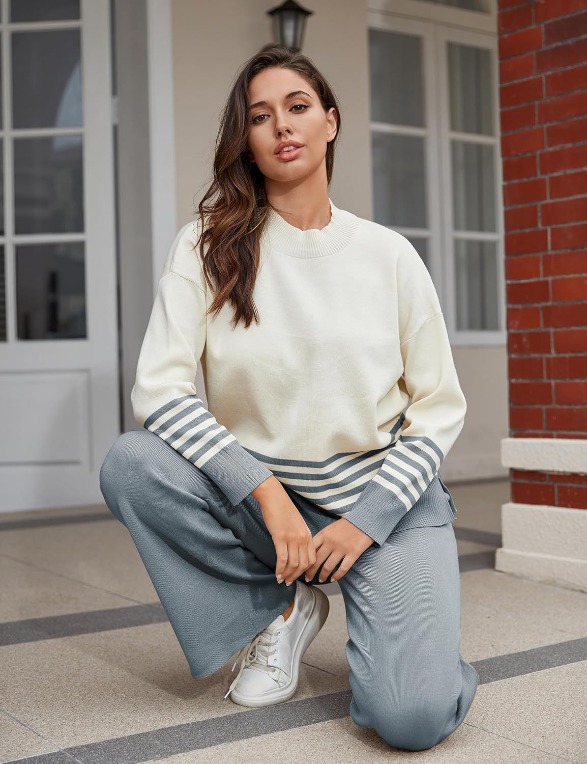 Women's 2 Piece Outfits Sweatsuit Knit Striped Pullover Top Wide Leg Pants Tracksuit Lounge Sets - Image 6