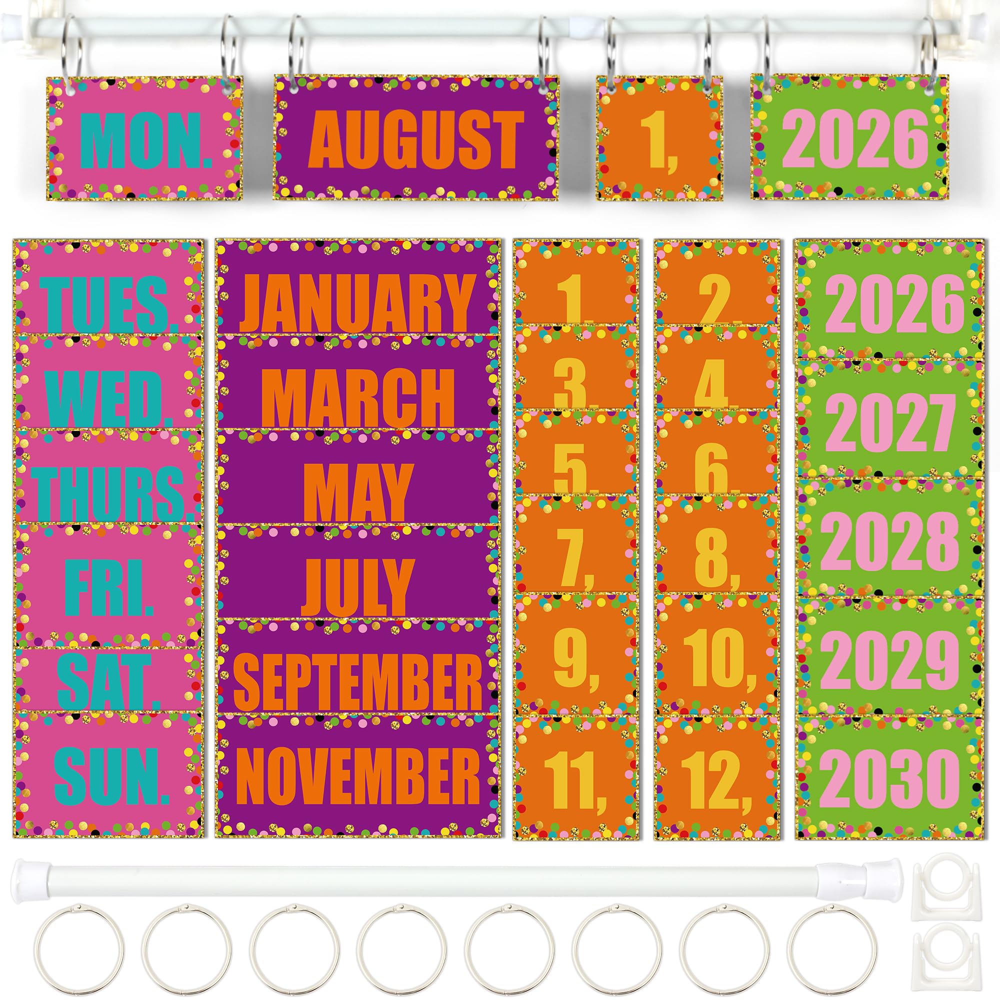 Naozinebi Confetti Calendar Bulletin Board Set Colorful Dot Flip Calendar with Holder Confetti Classroom Decoration with 54 Date Cards Adjustable Calendar Holder for Classroom Home Decor Supplies
