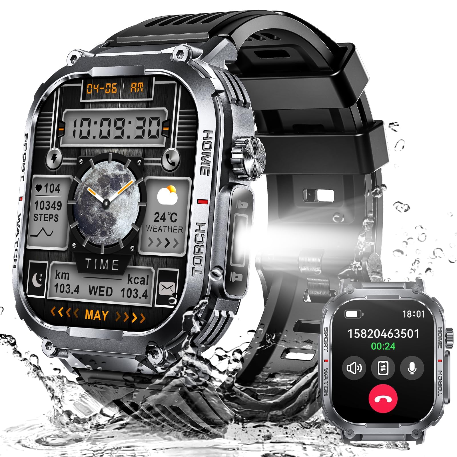 KASTWAVE Military Smart Watch for Men 3ATM Waterproof with Call/LED Flashlight 2.02