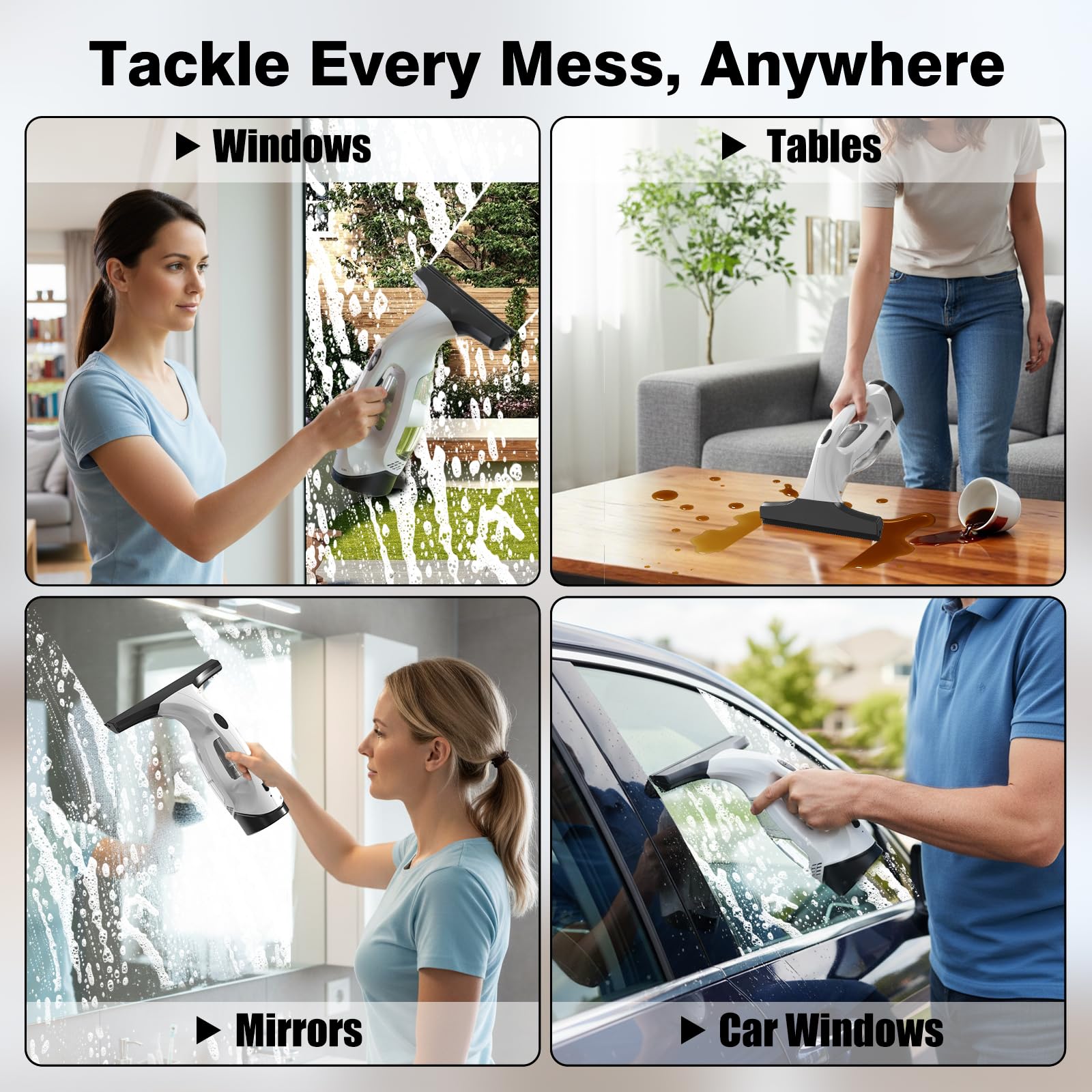 Window Vacuum Squeegee Cordless, 2000Pa Electric Window Cleaner Tool with 2200mAh & 150ml Water Collection Tank, Cleaning Kit Shower Squeegee for Glass Doors, Tiles, Mirrors, Car (White) - 5