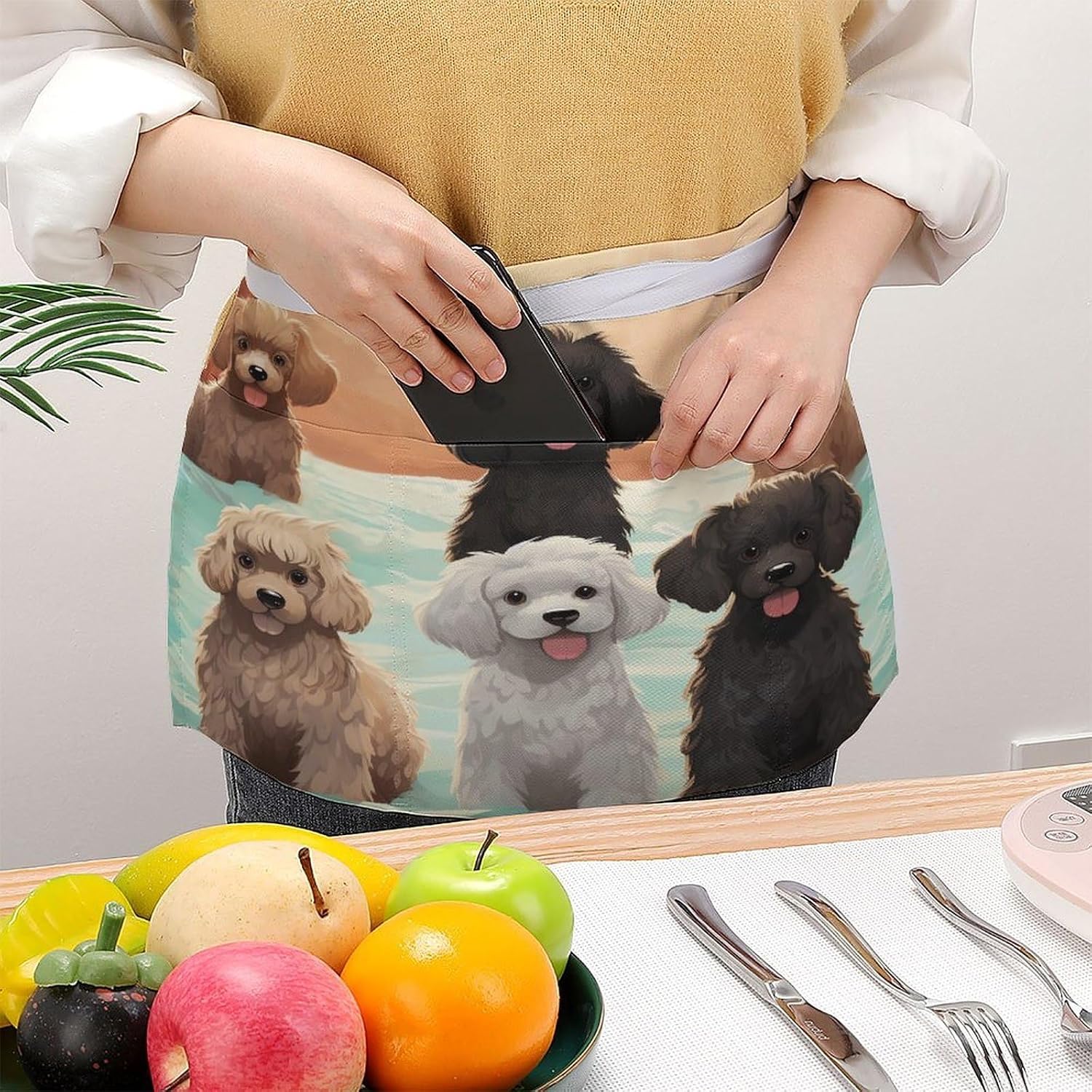 Poodles Dogs Server Aprons with 3 Pockets Durable Adjustable Half Aprons Fashion Oil&Waterproof Waist Apron Premium Oxford Cloth Chef Apron for Women And Men
