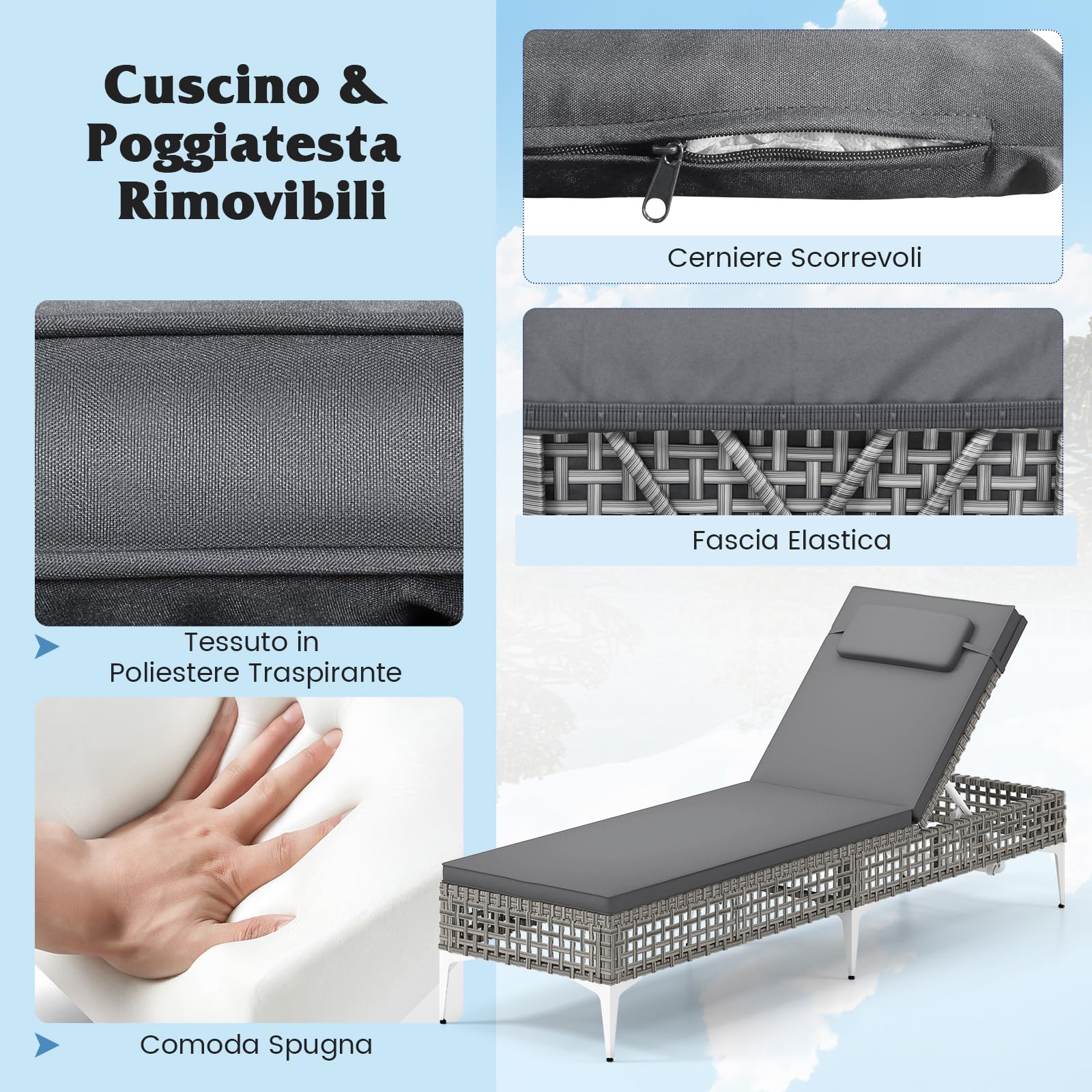 COSTWAY Sdraio Giardino Rattan, Lettino Prendisole con Schienale Regolabile 6 Livelli, Cuscino e Poggiatesta Removibili Incluso, Portata 180 kg, Ideale per Piscina e Terrazza