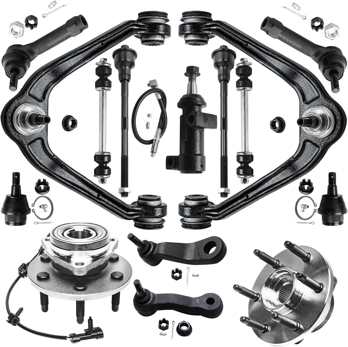 15pc Front End Kit for 4WD Chevy GMC Silverado Sierra Yukon XL Avalanche Suburban 1500 Tahoe Escalade ESV EXT Wheel Bearing Hubs Upper Control Arms Ball Joints Sway Bars Replacement