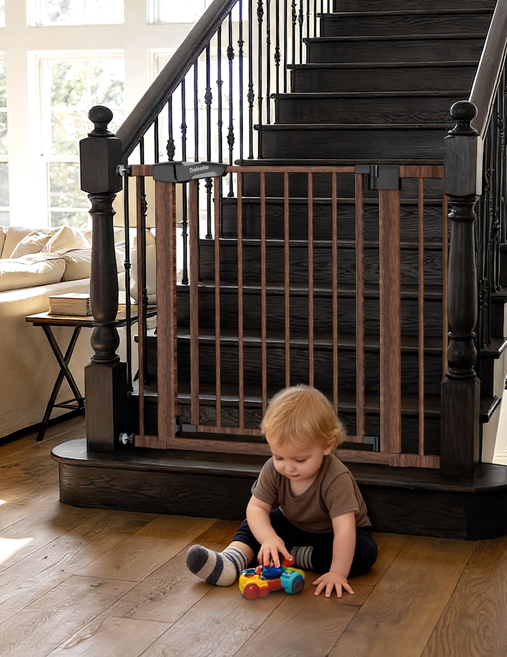 Babelio Barrière pour bébé en métal avec motif bois noir, facile à installer, montage par pression, pour escaliers et portes, avec protections murales et kits d'extension